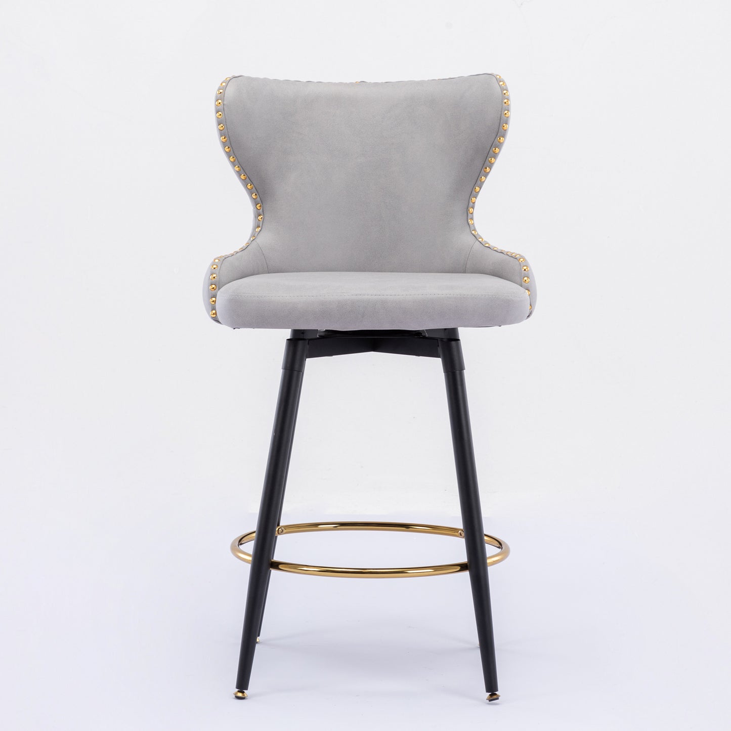 2pcs Gold Accent Bar Stools Tufted Fabric Upholstery with Nailhead Lining and Metal Legs- Light Gray_2