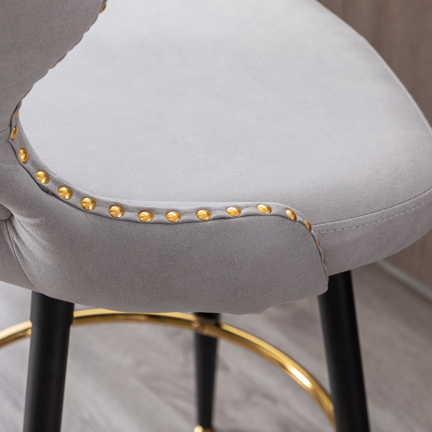 2pcs Gold Accent Bar Stools Tufted Fabric Upholstery with Nailhead Lining and Metal Legs- Light Gray_12