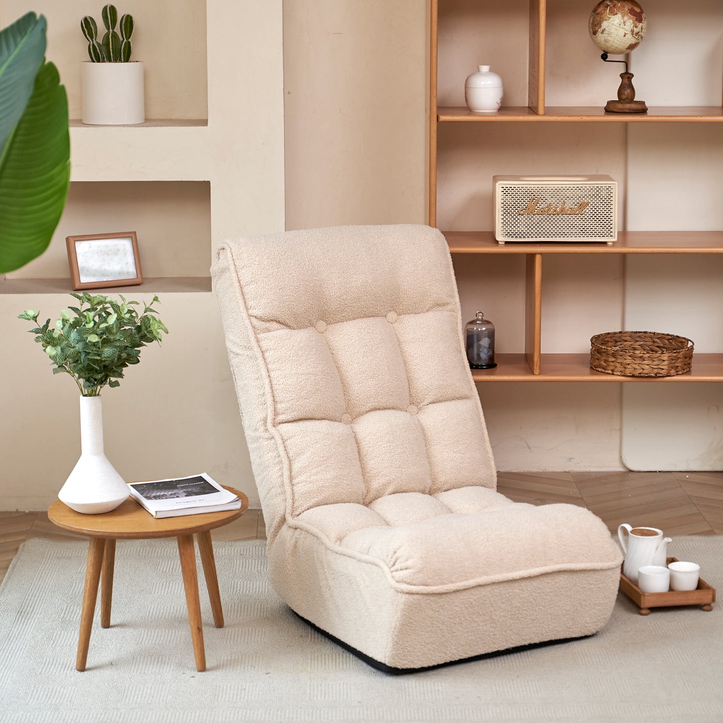 Single Seater Japanese Style Thick Cushioned Lazy Tatami Recliner Sofa- White_1