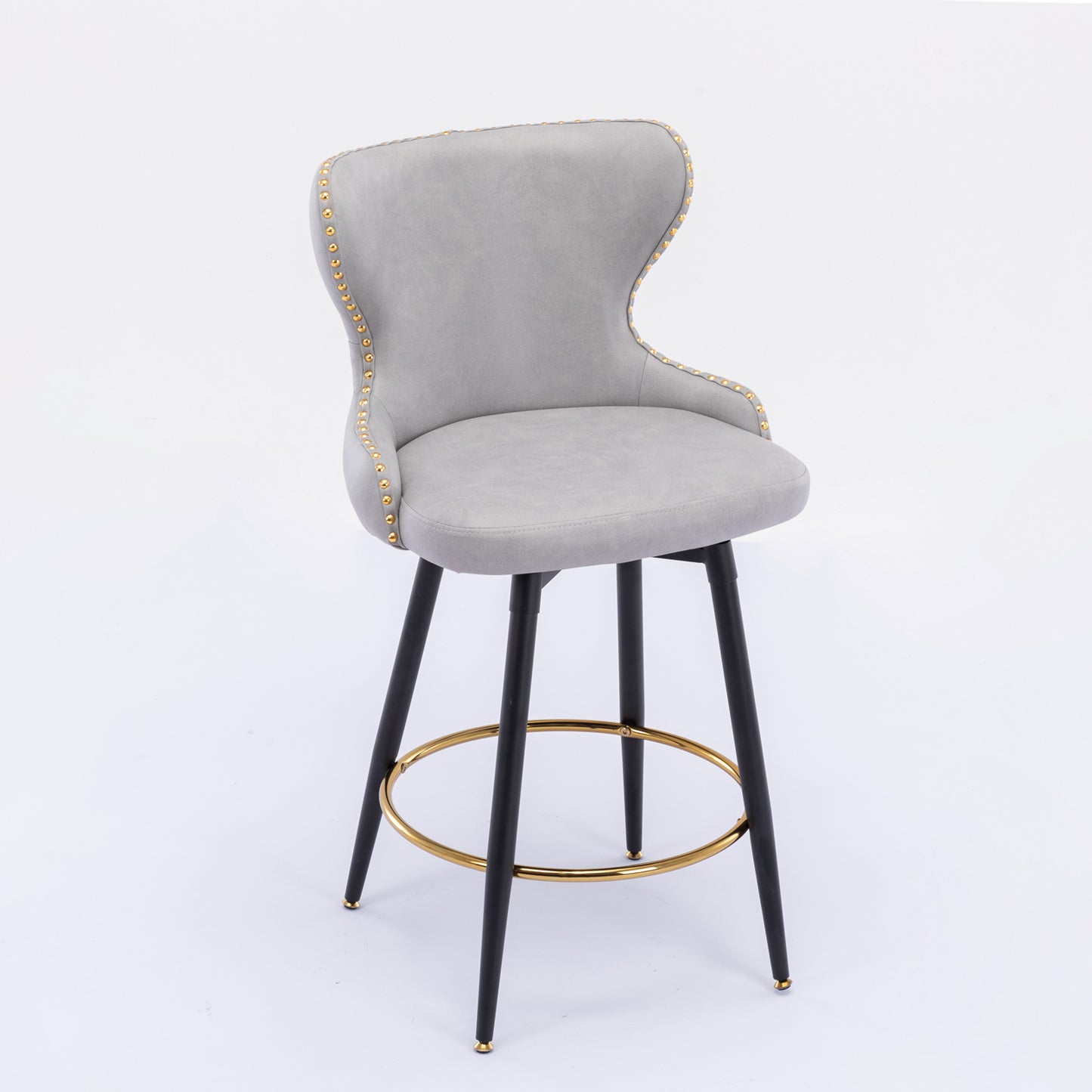 2pcs Gold Accent Bar Stools Tufted Fabric Upholstery with Nailhead Lining and Metal Legs- Light Gray_3