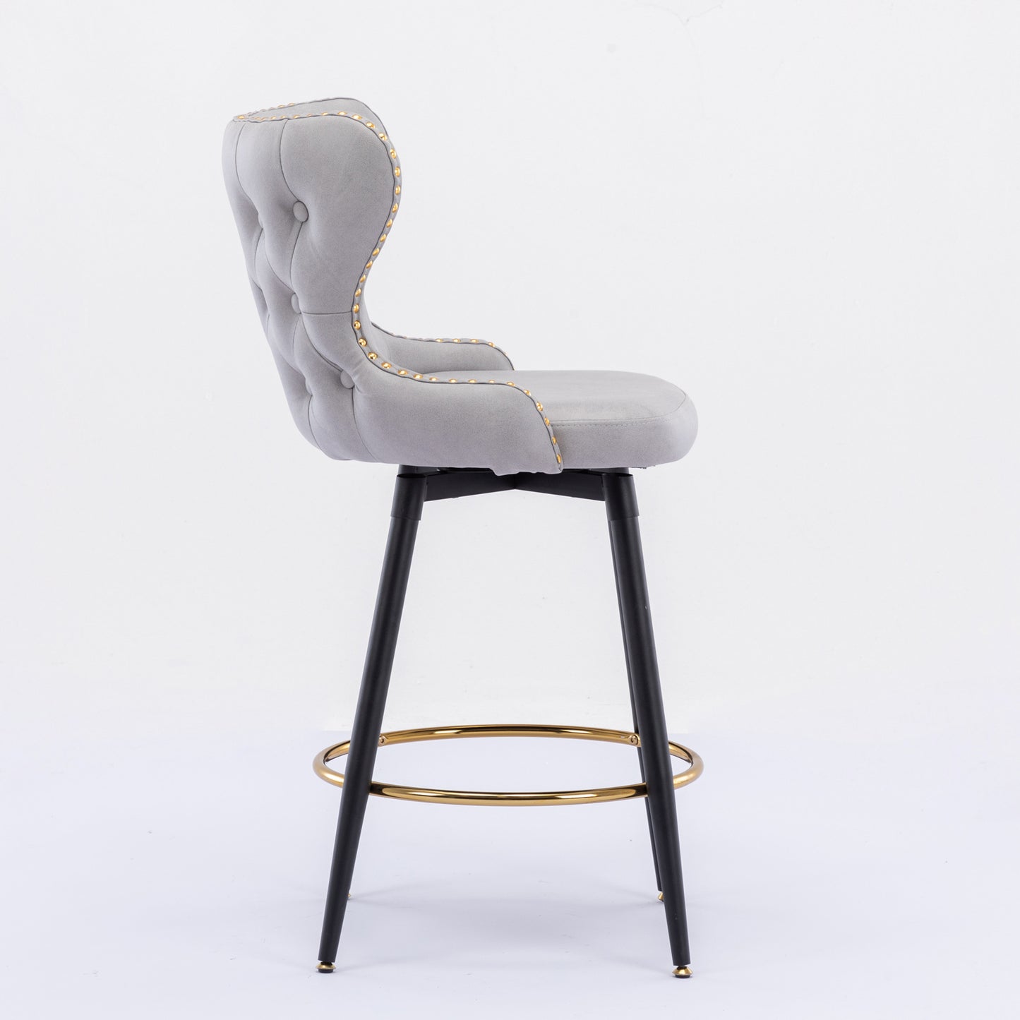 2pcs Gold Accent Bar Stools Tufted Fabric Upholstery with Nailhead Lining and Metal Legs- Light Gray_4