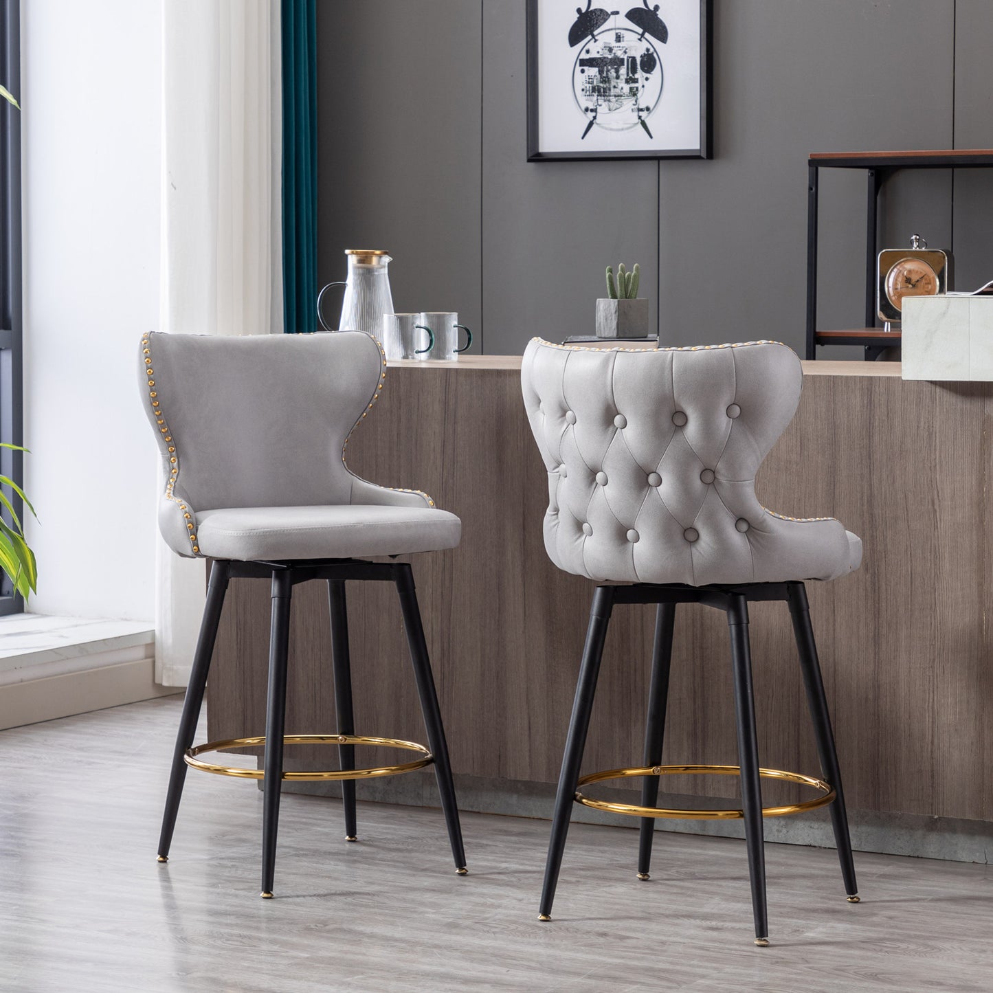 2pcs Gold Accent Bar Stools Tufted Fabric Upholstery with Nailhead Lining and Metal Legs- Light Gray_14