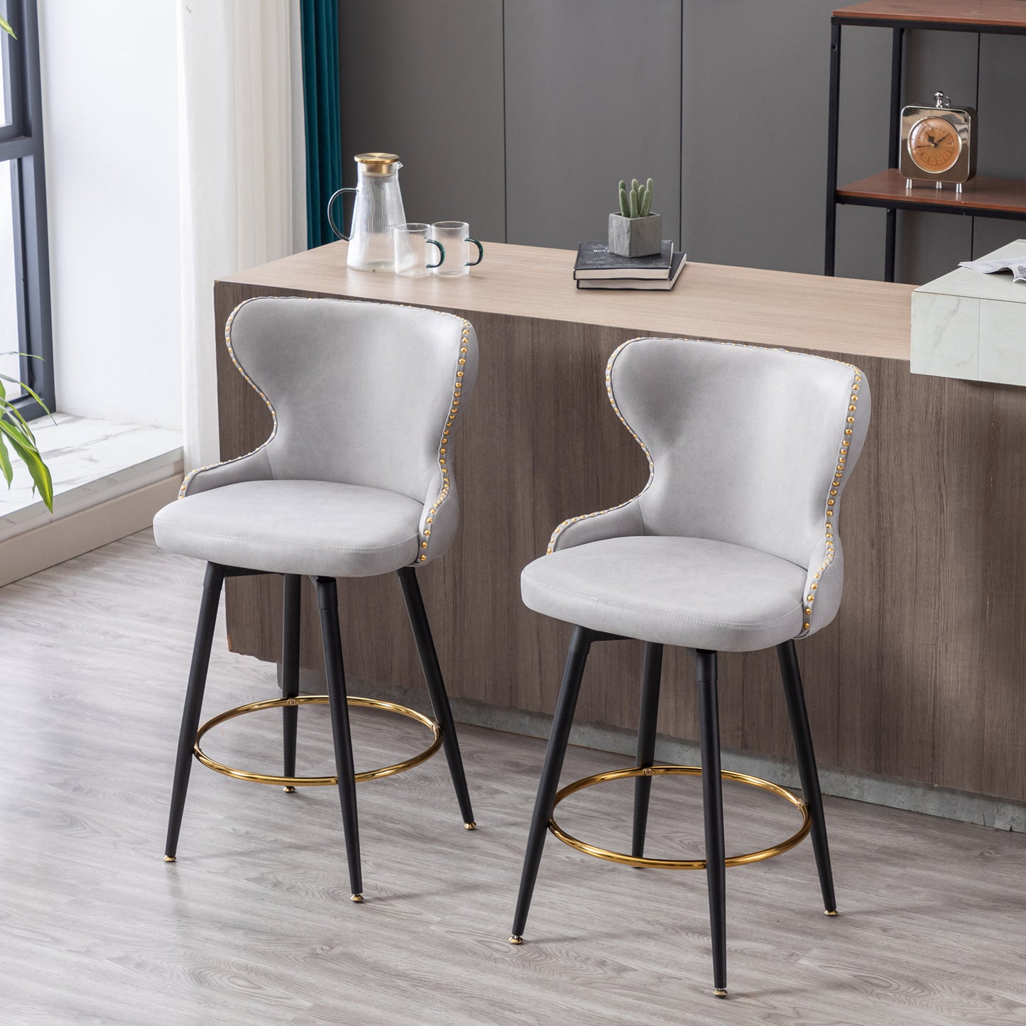2pcs Gold Accent Bar Stools Tufted Fabric Upholstery with Nailhead Lining and Metal Legs- Light Gray_15