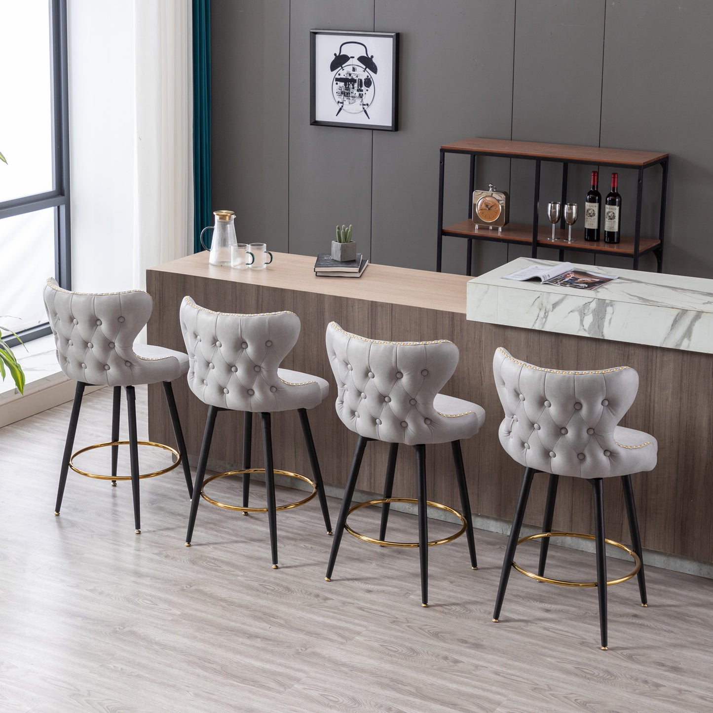 2pcs Gold Accent Bar Stools Tufted Fabric Upholstery with Nailhead Lining and Metal Legs- Light Gray_16