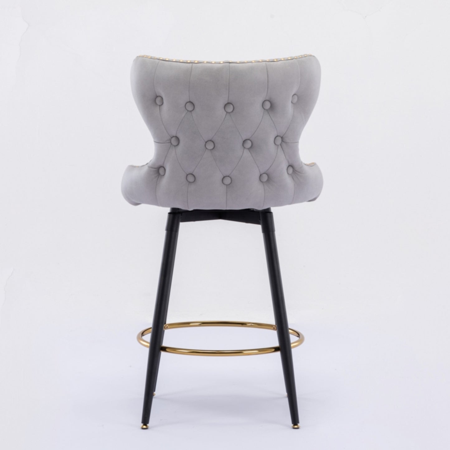 2pcs Gold Accent Bar Stools Tufted Fabric Upholstery with Nailhead Lining and Metal Legs- Light Gray_6