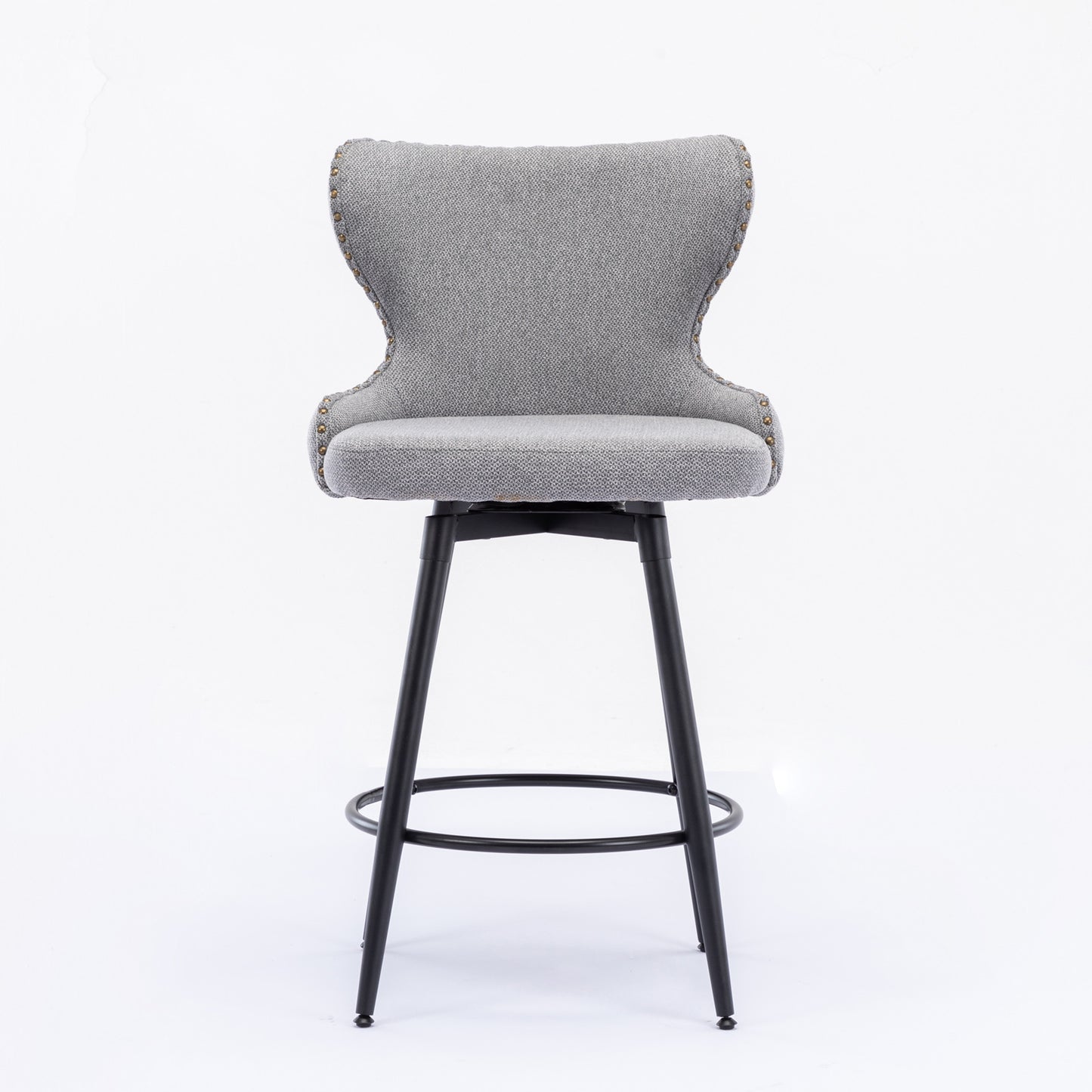 2pcs Gold Accent Bar Stools Tufted Fabric Upholstery with Nailhead and Black Legs- Gray_9