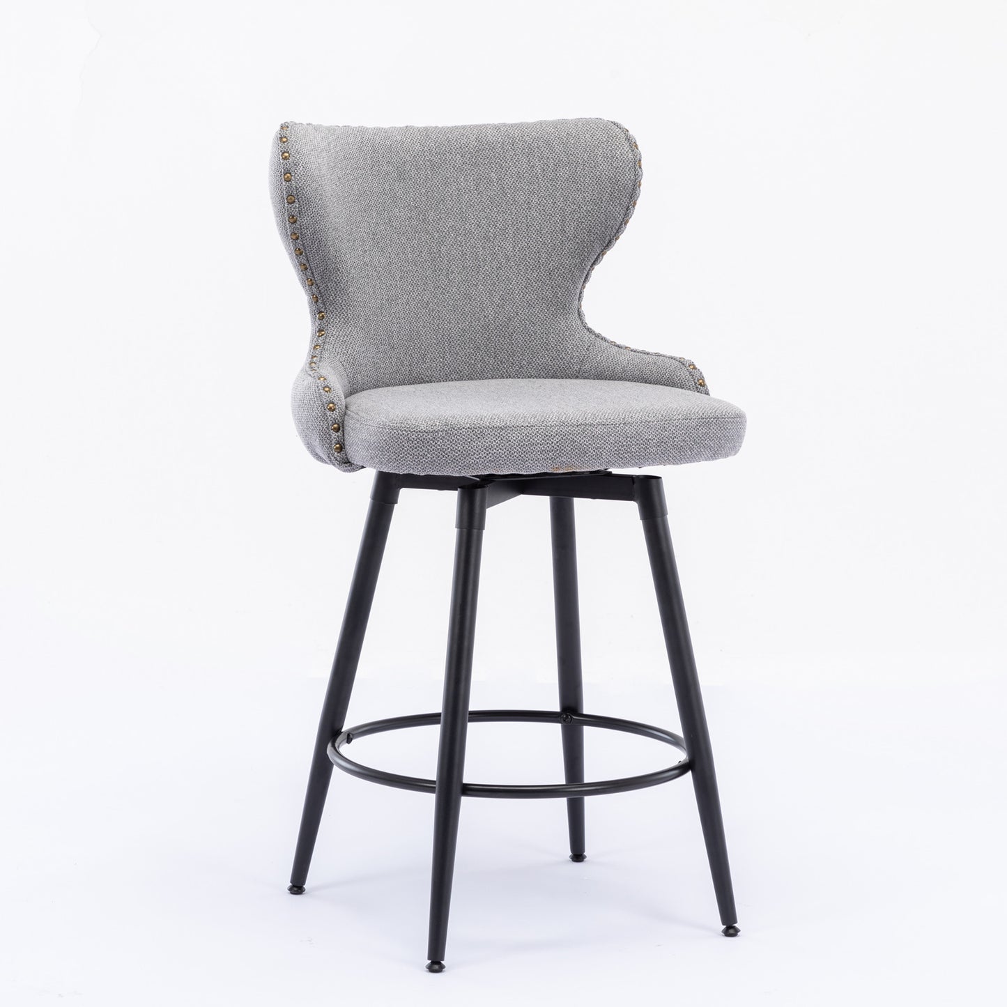 2pcs Gold Accent Bar Stools Tufted Fabric Upholstery with Nailhead and Black Legs- Gray_10