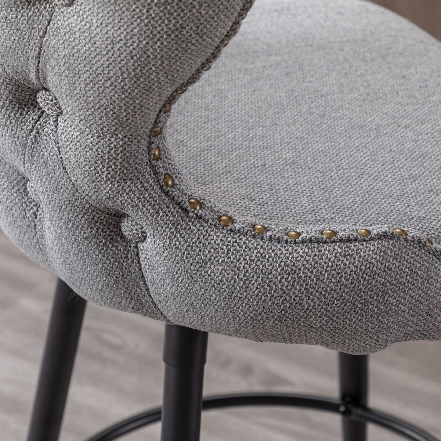 2pcs Gold Accent Bar Stools Tufted Fabric Upholstery with Nailhead and Black Legs- Gray_8