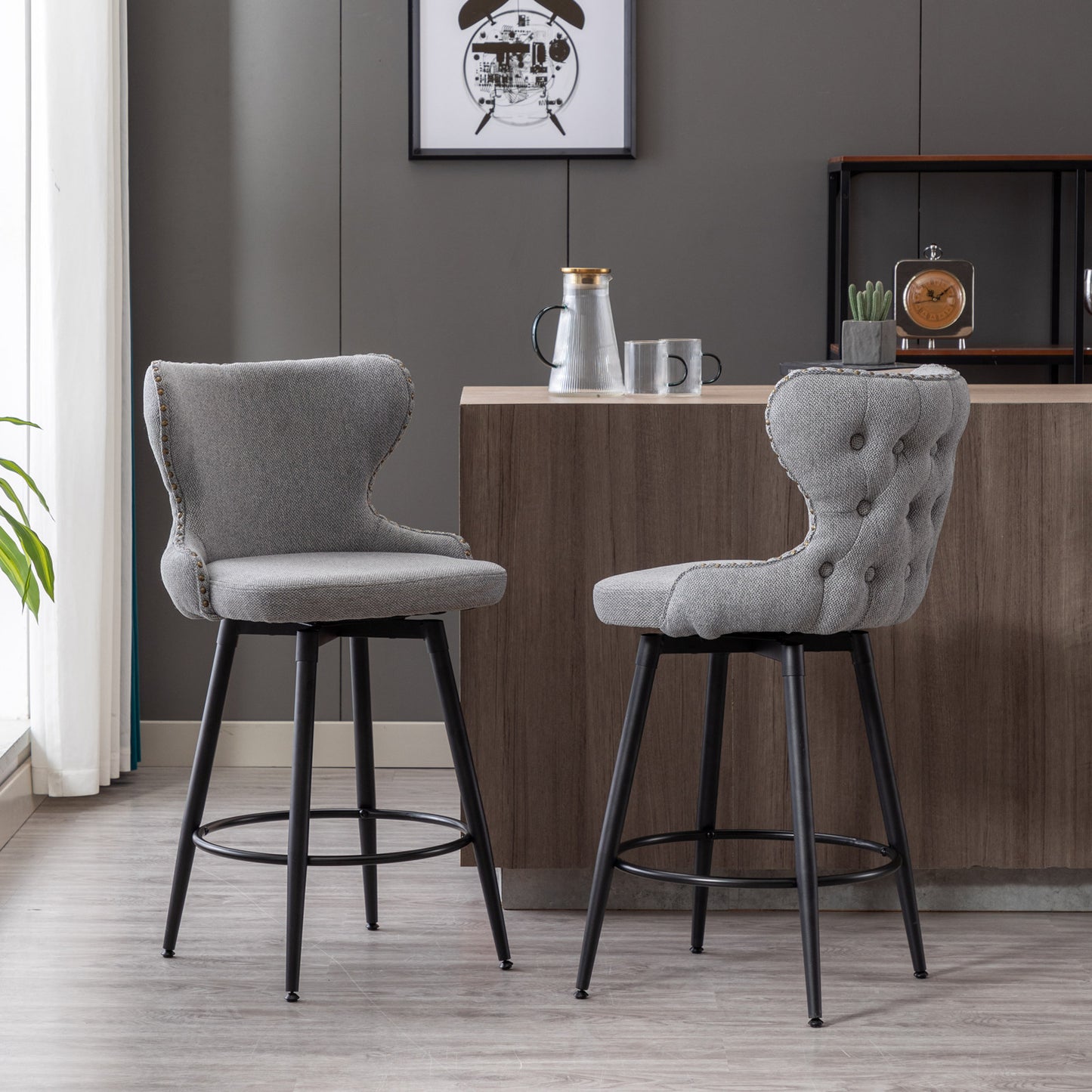2pcs Gold Accent Bar Stools Tufted Fabric Upholstery with Nailhead and Black Legs- Gray_1
