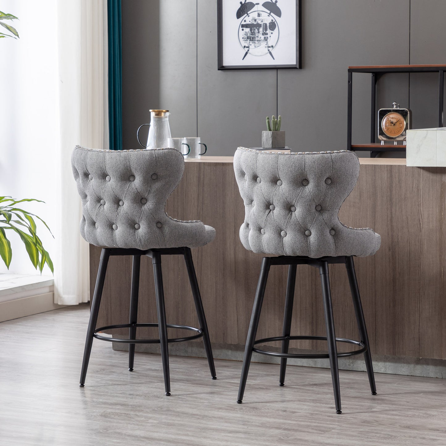 2pcs Gold Accent Bar Stools Tufted Fabric Upholstery with Nailhead and Black Legs- Gray_3