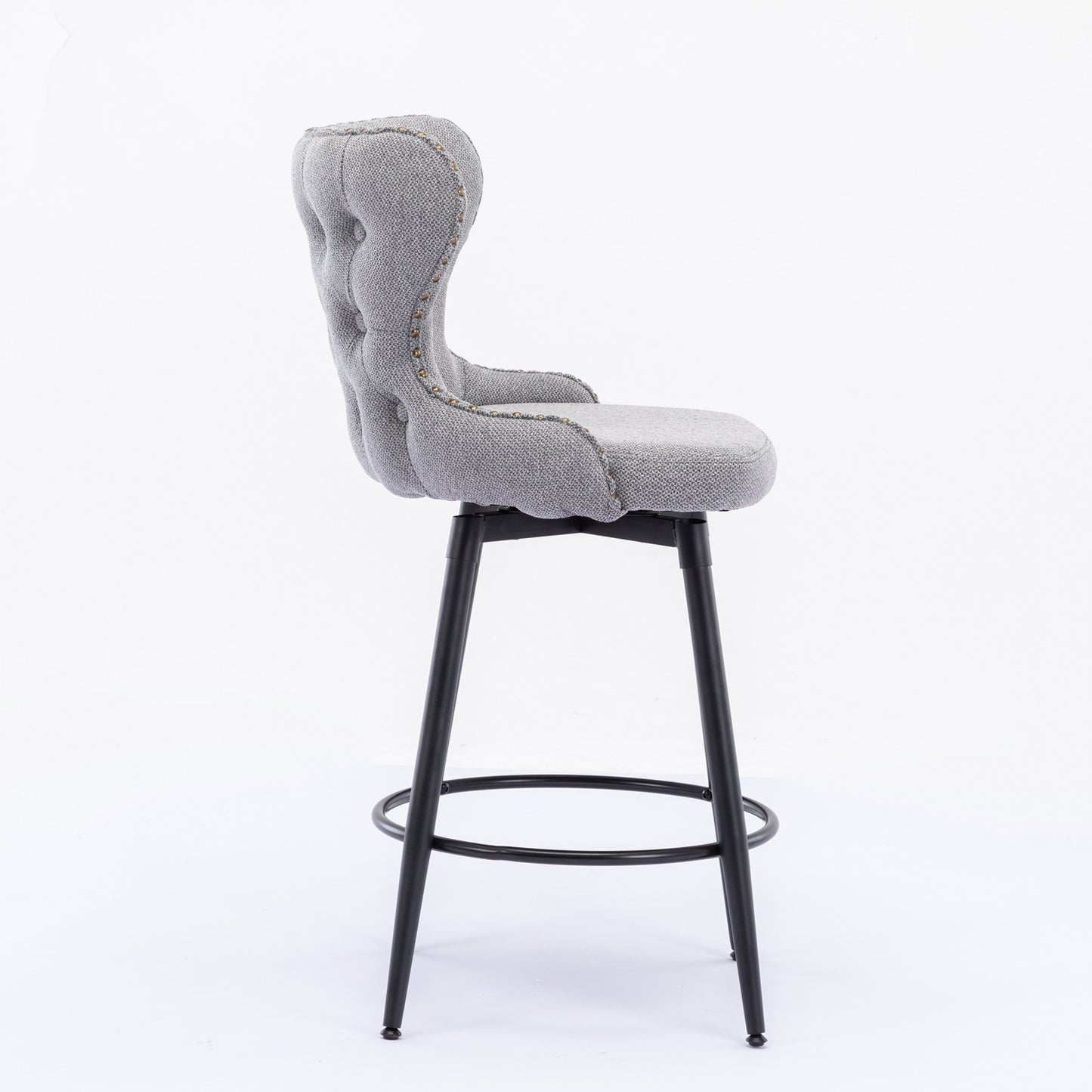 2pcs Gold Accent Bar Stools Tufted Fabric Upholstery with Nailhead and Black Legs- Gray_11