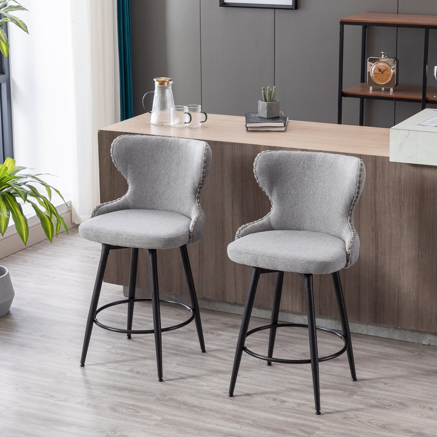 2pcs Gold Accent Bar Stools Tufted Fabric Upholstery with Nailhead and Black Legs- Gray_5