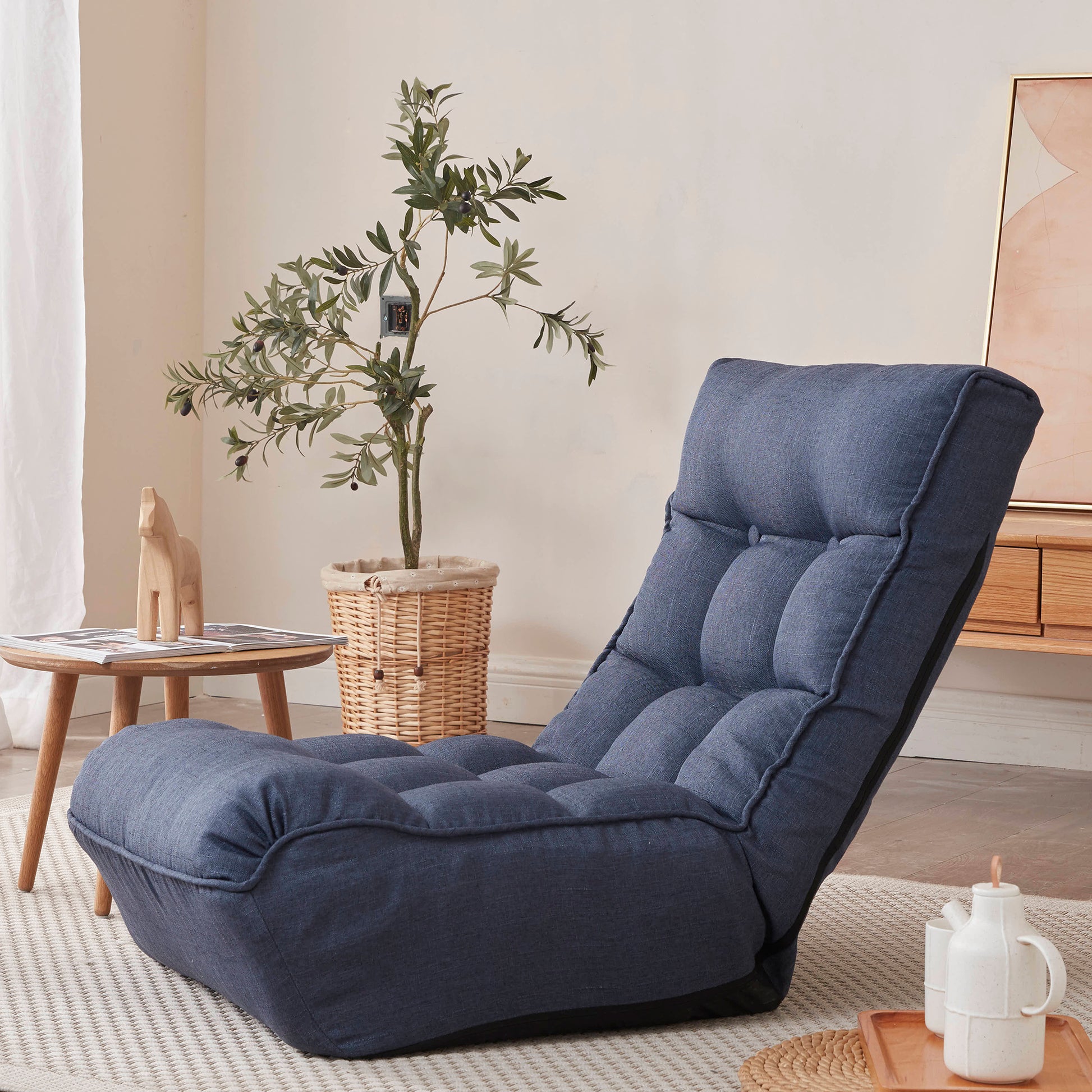 Single Seater Japanese Style Thick Cushioned Lazy Tatami Recliner Sofa- Navy_30