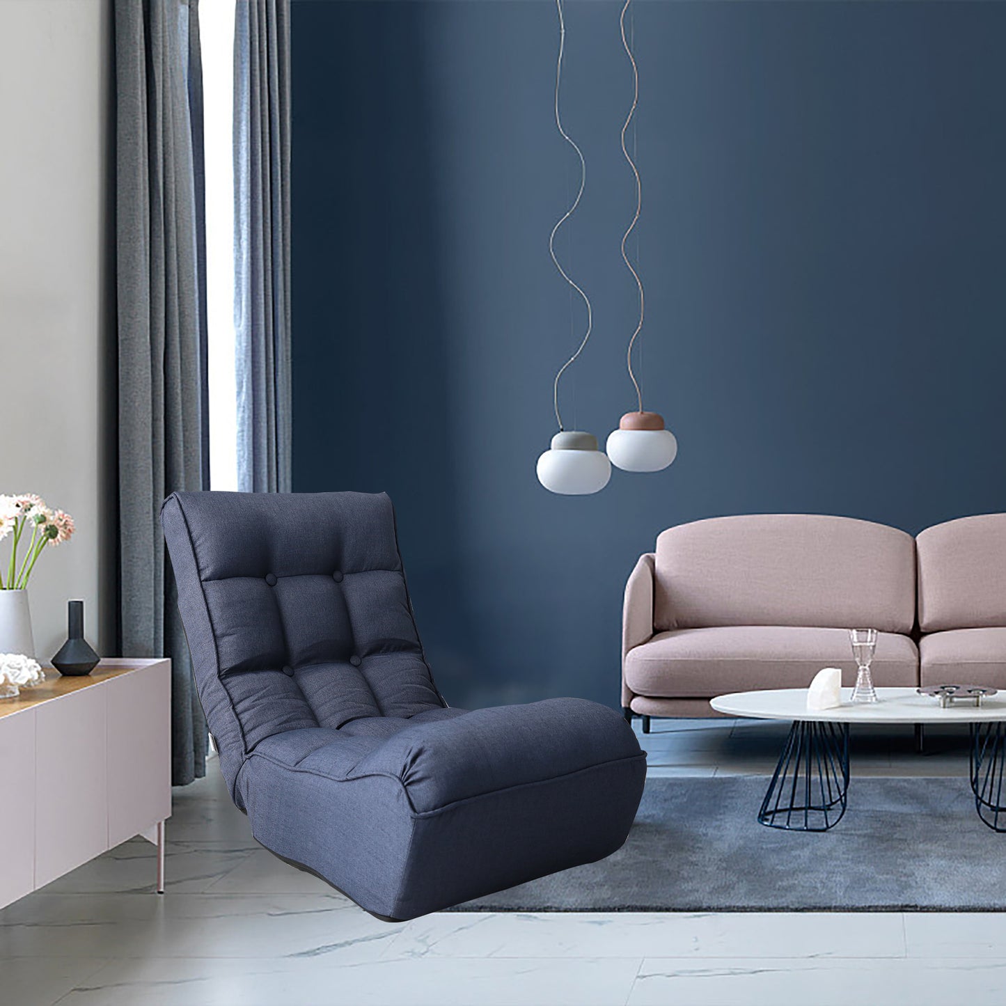 Single Seater Japanese Style Thick Cushioned Lazy Tatami Recliner Sofa- Navy_5