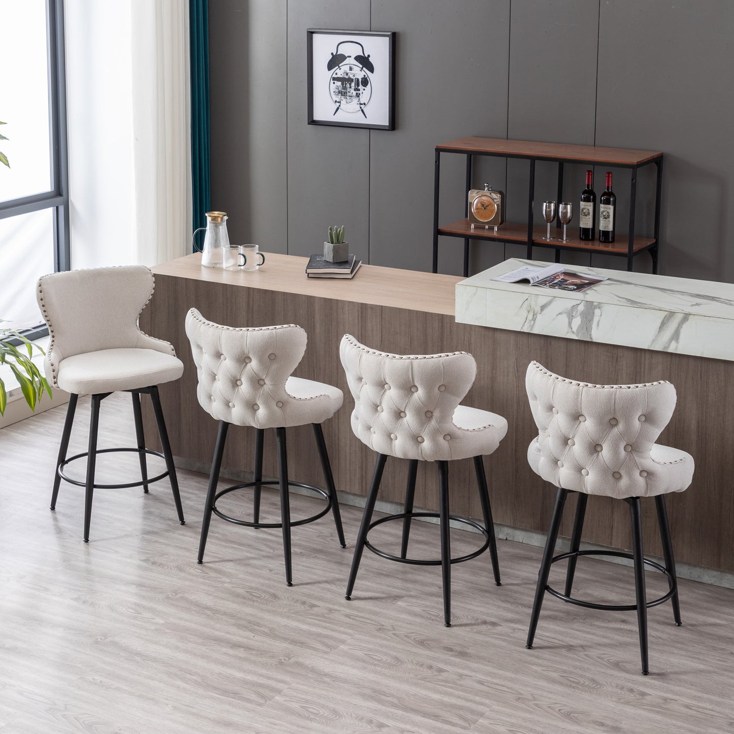 2pcs Gold Accent Bar Stools Tufted Fabric Upholstery with Nailhead and Black Legs- Beige_5
