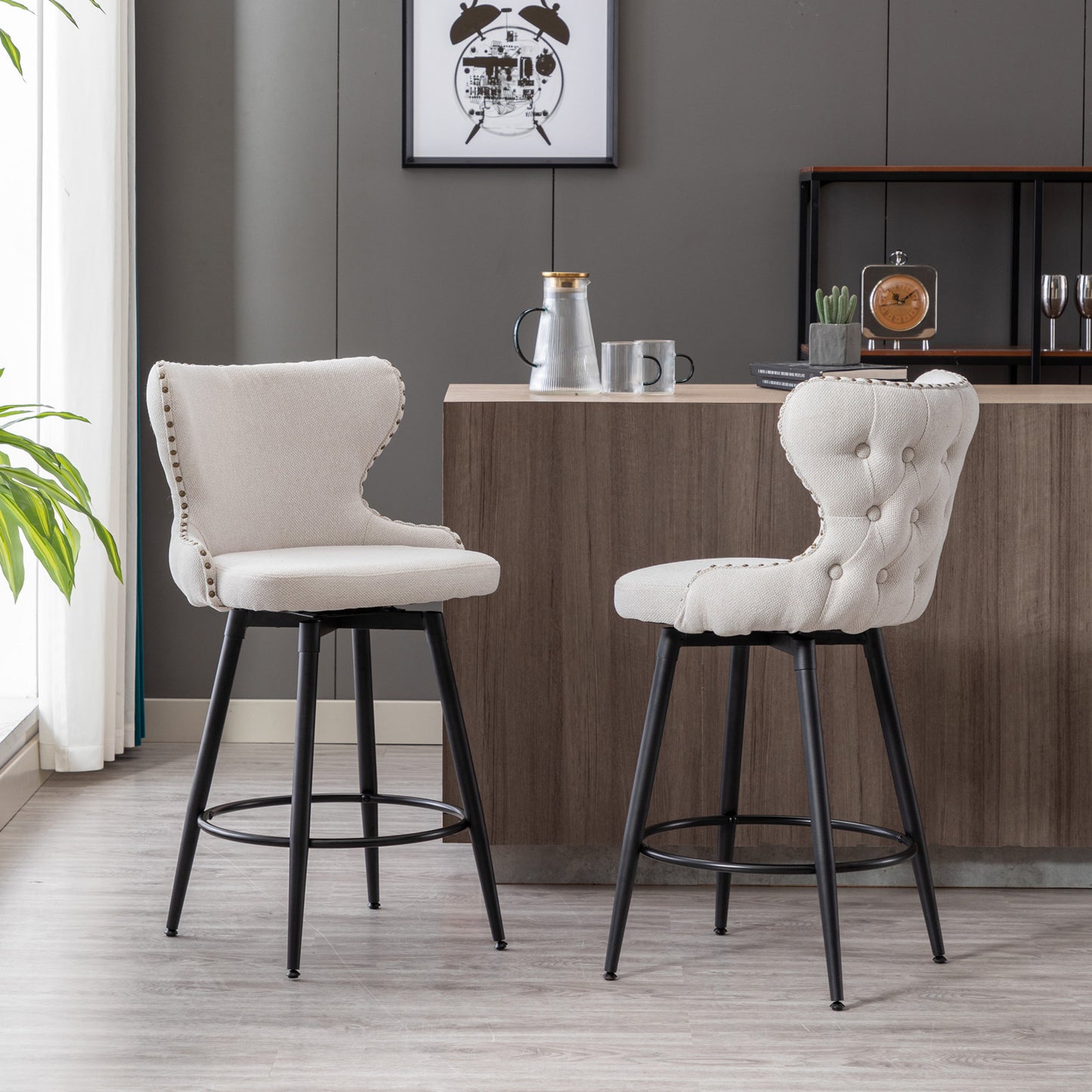 2pcs Gold Accent Bar Stools Tufted Fabric Upholstery with Nailhead and Black Legs- Beige_1