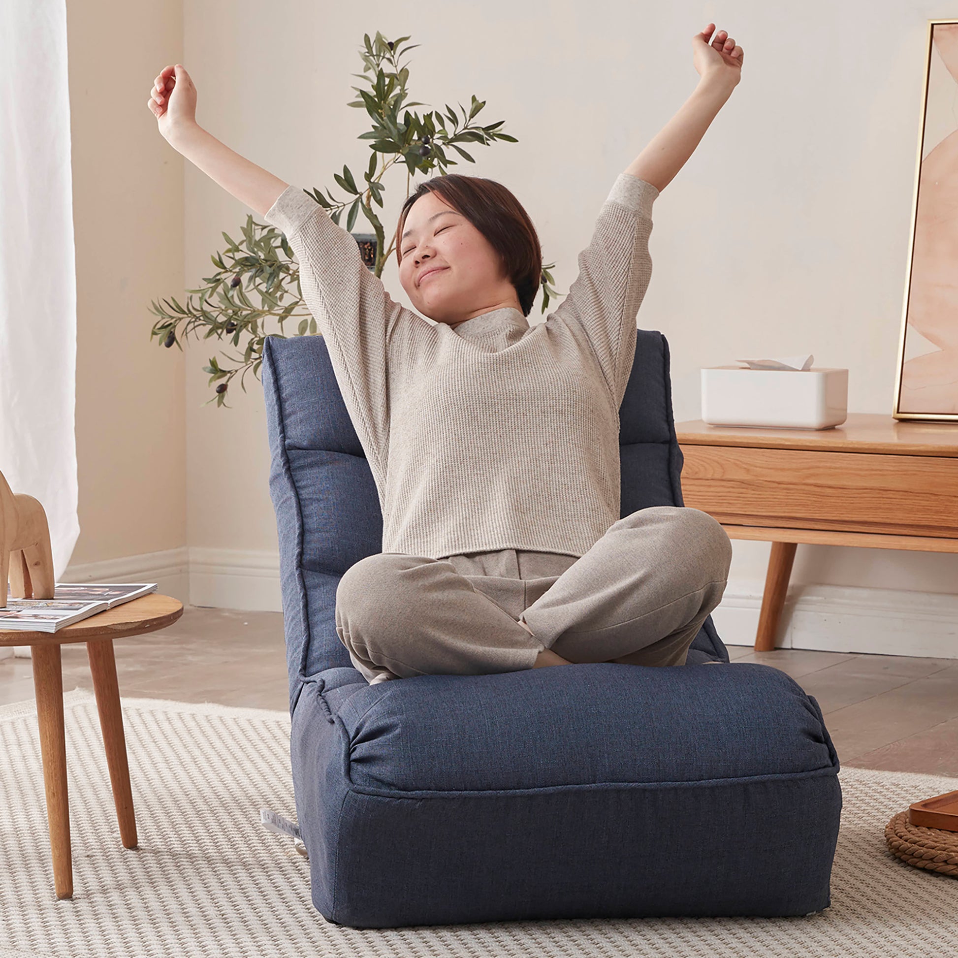 Single Seater Japanese Style Thick Cushioned Lazy Tatami Recliner Sofa- Navy_31