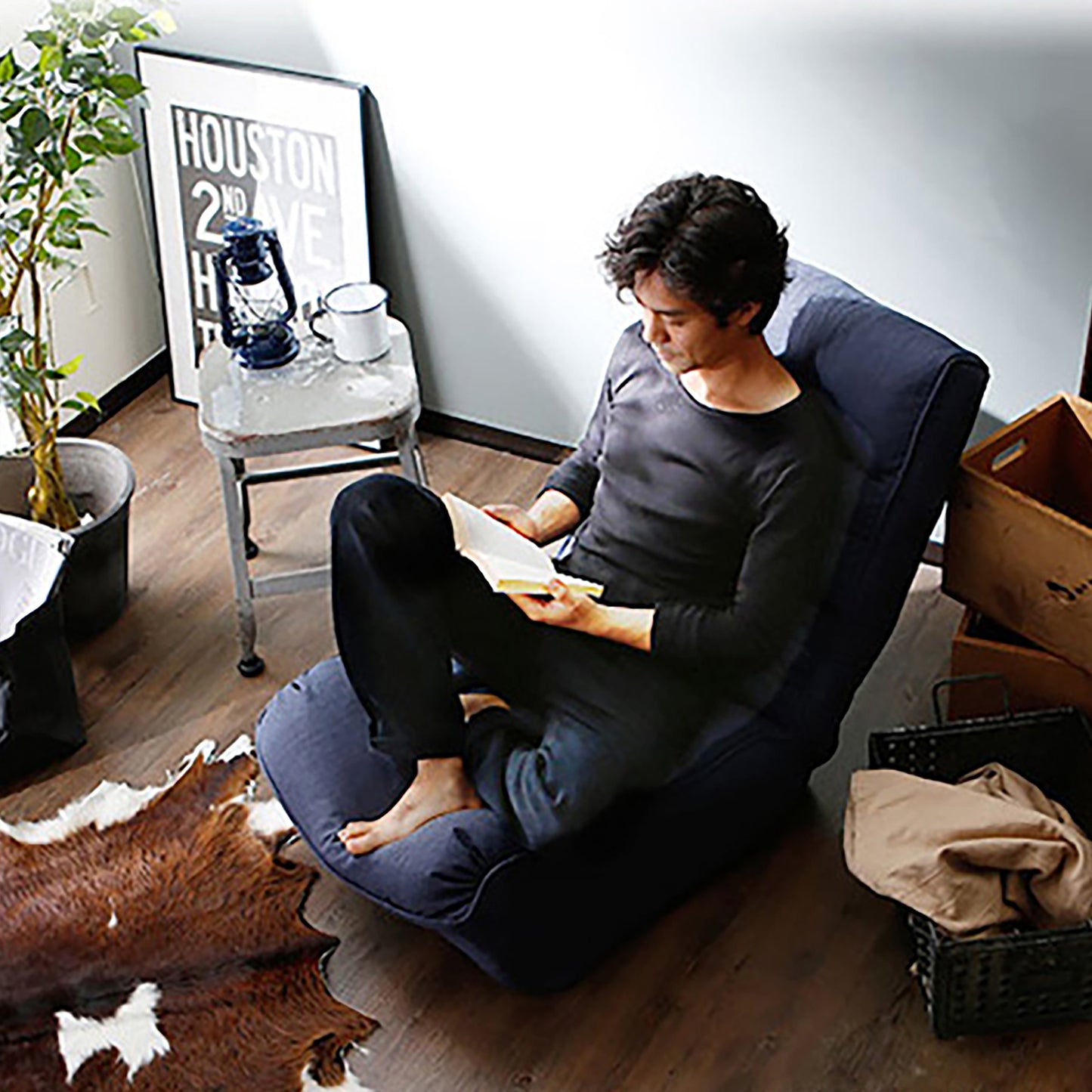 Single Seater Japanese Style Thick Cushioned Lazy Tatami Recliner Sofa- Navy_4