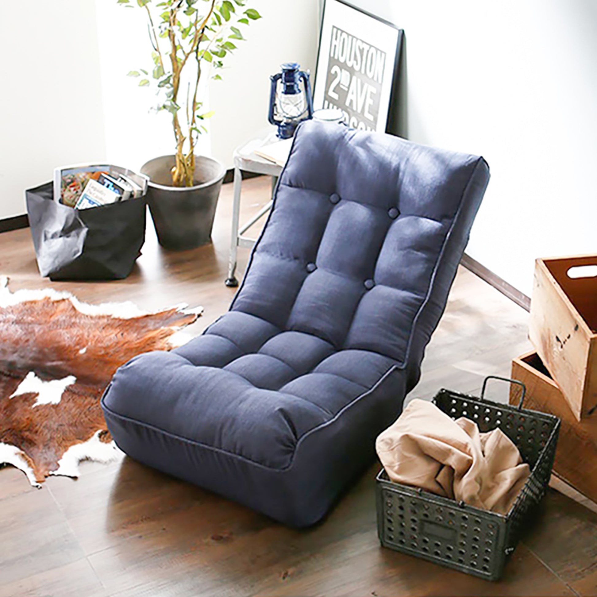 Single Seater Japanese Style Thick Cushioned Lazy Tatami Recliner Sofa- Navy_23