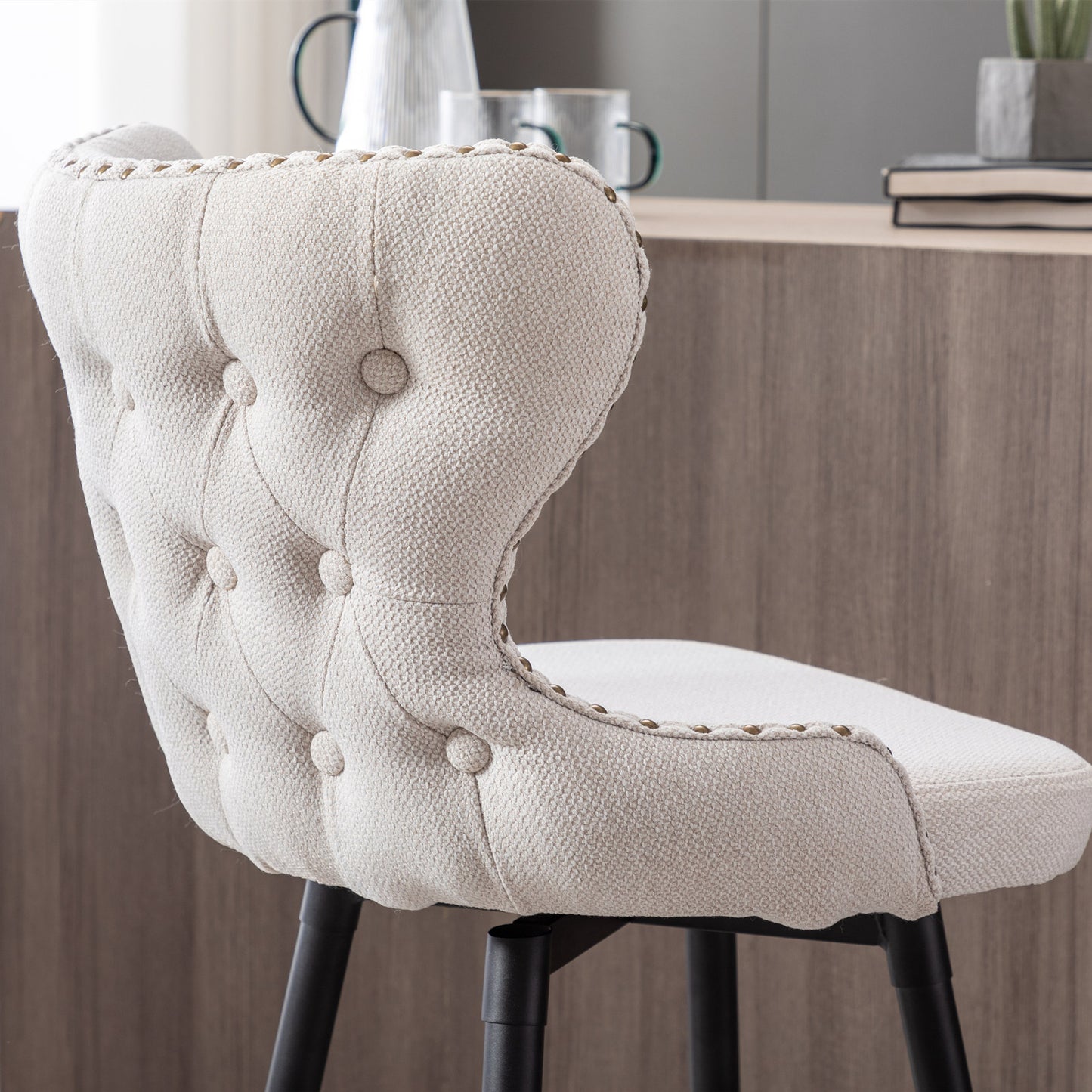 2pcs Gold Accent Bar Stools Tufted Fabric Upholstery with Nailhead and Black Legs- Beige_13