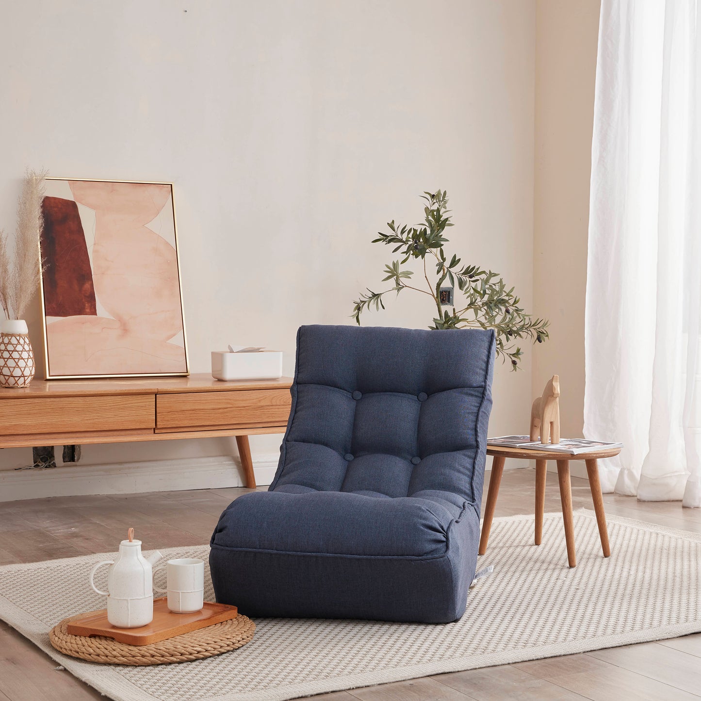 Single Seater Japanese Style Thick Cushioned Lazy Tatami Recliner Sofa- Navy_29
