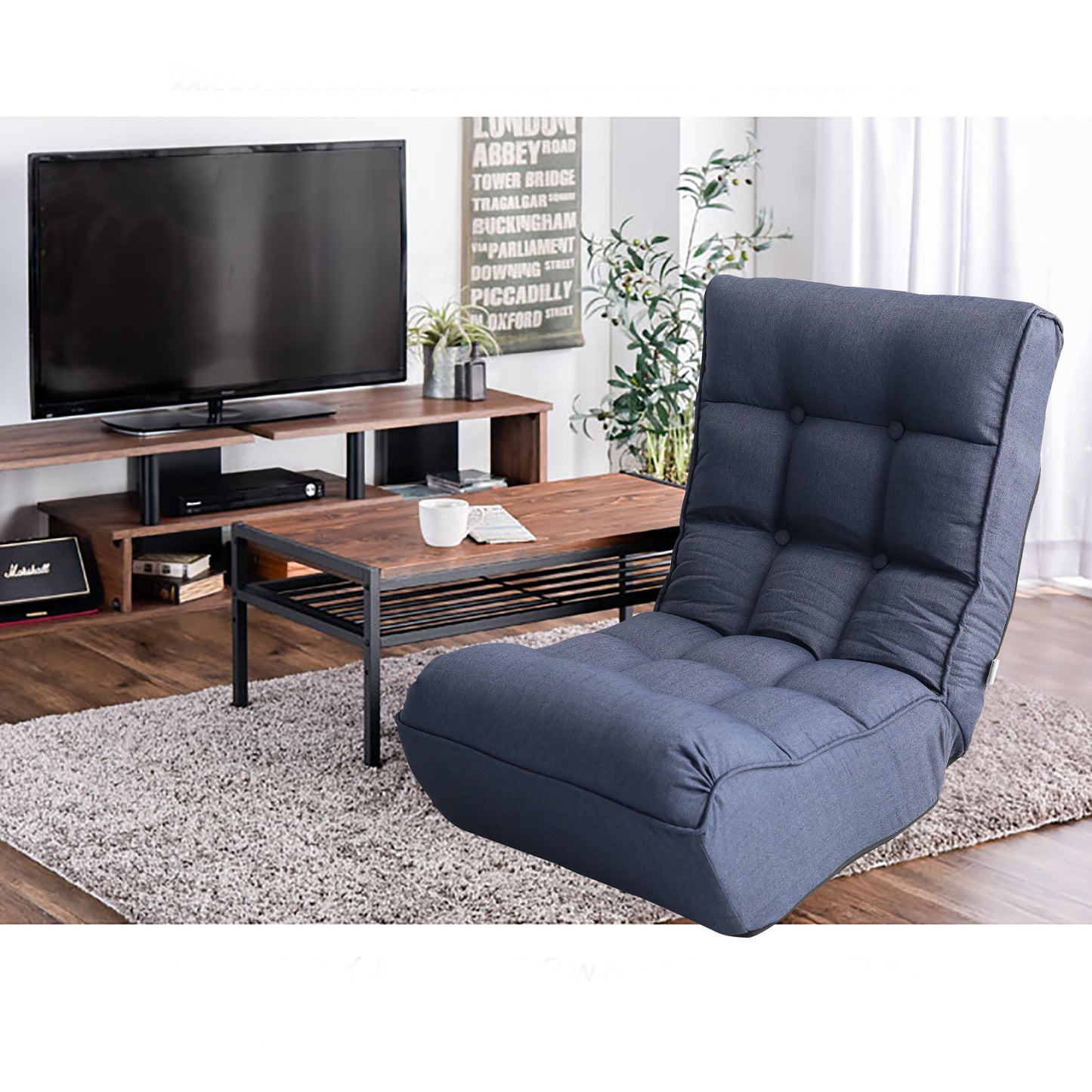 Single Seater Japanese Style Thick Cushioned Lazy Tatami Recliner Sofa- Navy_18