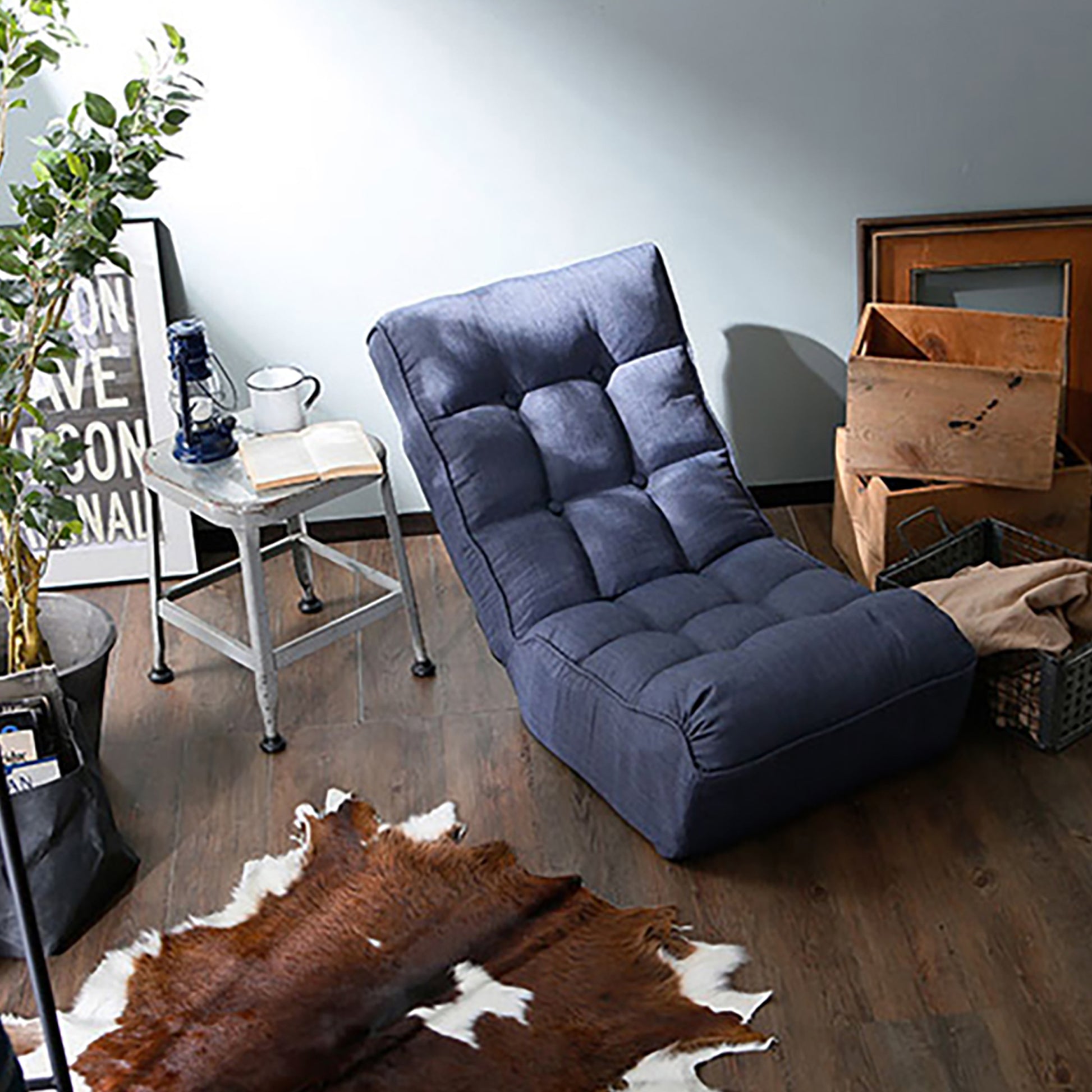 Single Seater Japanese Style Thick Cushioned Lazy Tatami Recliner Sofa- Navy_19