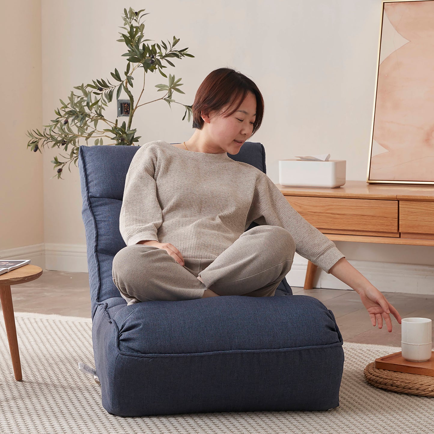 Single Seater Japanese Style Thick Cushioned Lazy Tatami Recliner Sofa- Navy_28