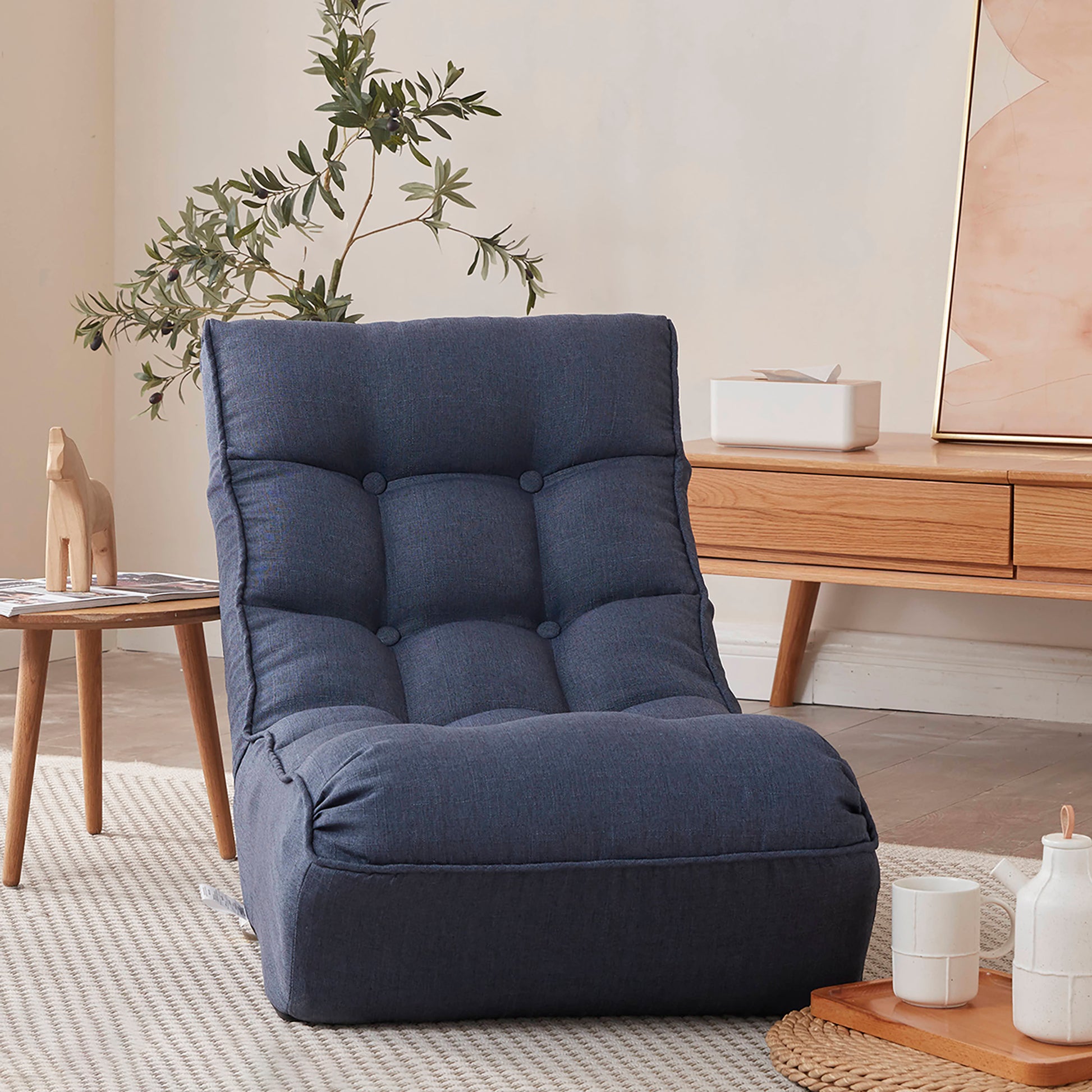 Single Seater Japanese Style Thick Cushioned Lazy Tatami Recliner Sofa- Navy_27