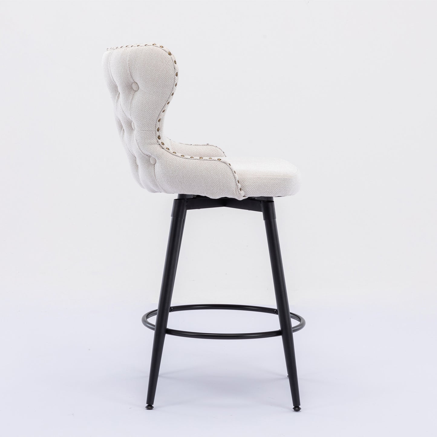 2pcs Gold Accent Bar Stools Tufted Fabric Upholstery with Nailhead and Black Legs- Beige_8