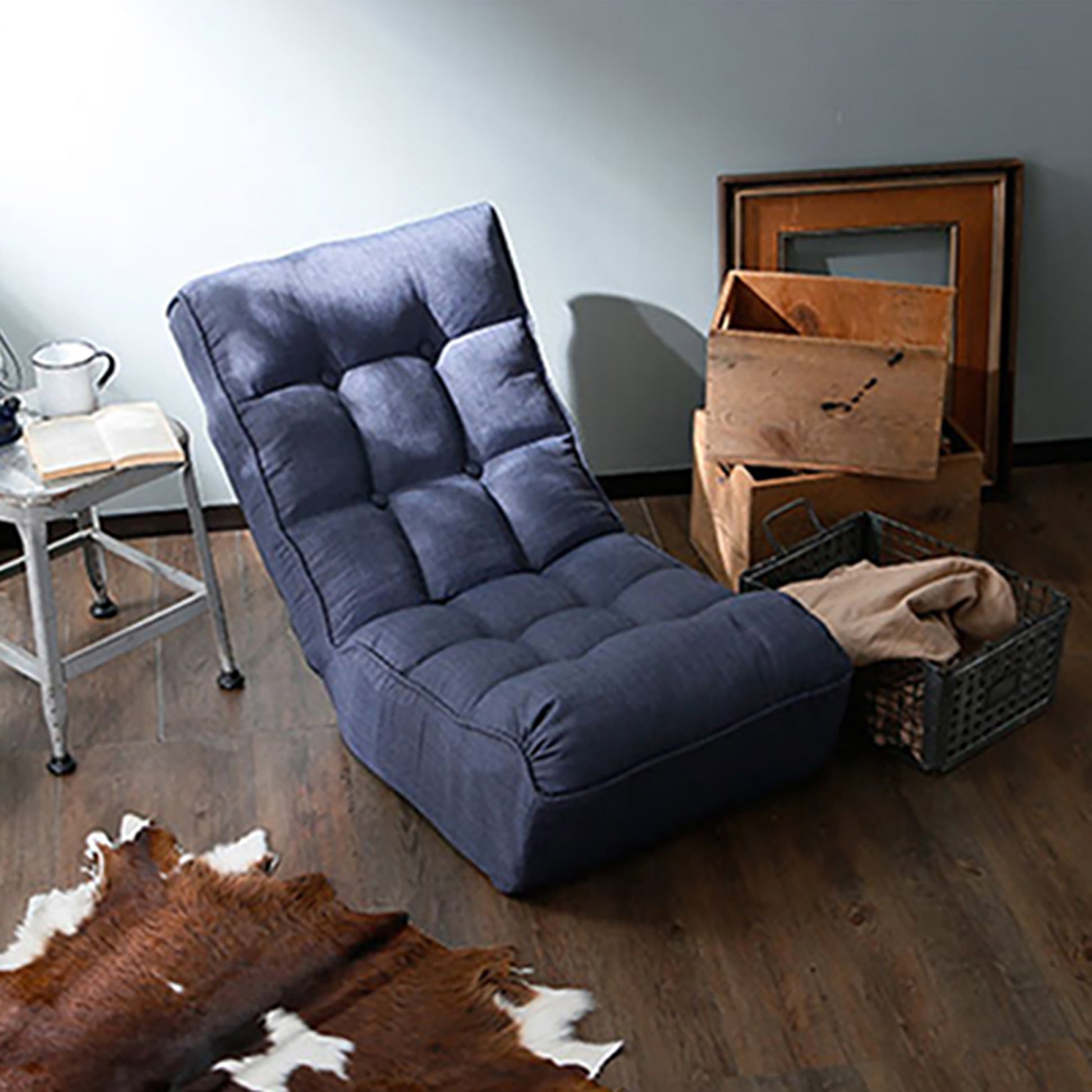 Single Seater Japanese Style Thick Cushioned Lazy Tatami Recliner Sofa- Navy_6