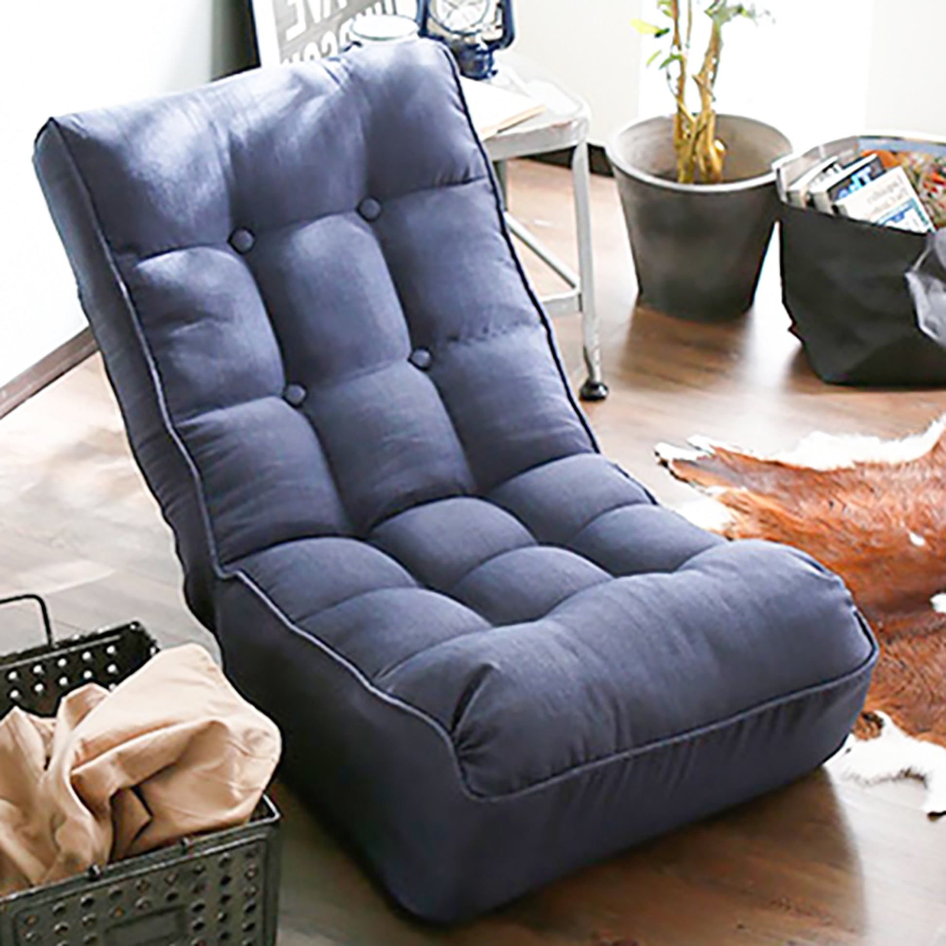 Single Seater Japanese Style Thick Cushioned Lazy Tatami Recliner Sofa- Navy_24