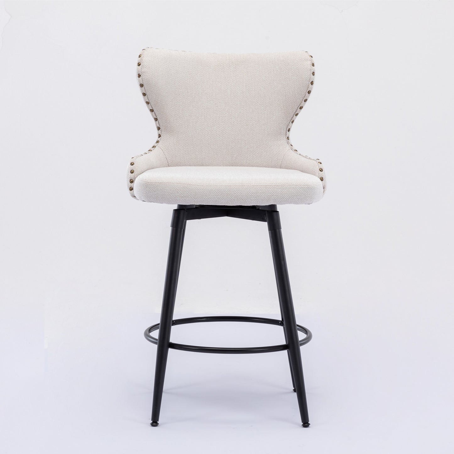 2pcs Gold Accent Bar Stools Tufted Fabric Upholstery with Nailhead and Black Legs- Beige_6