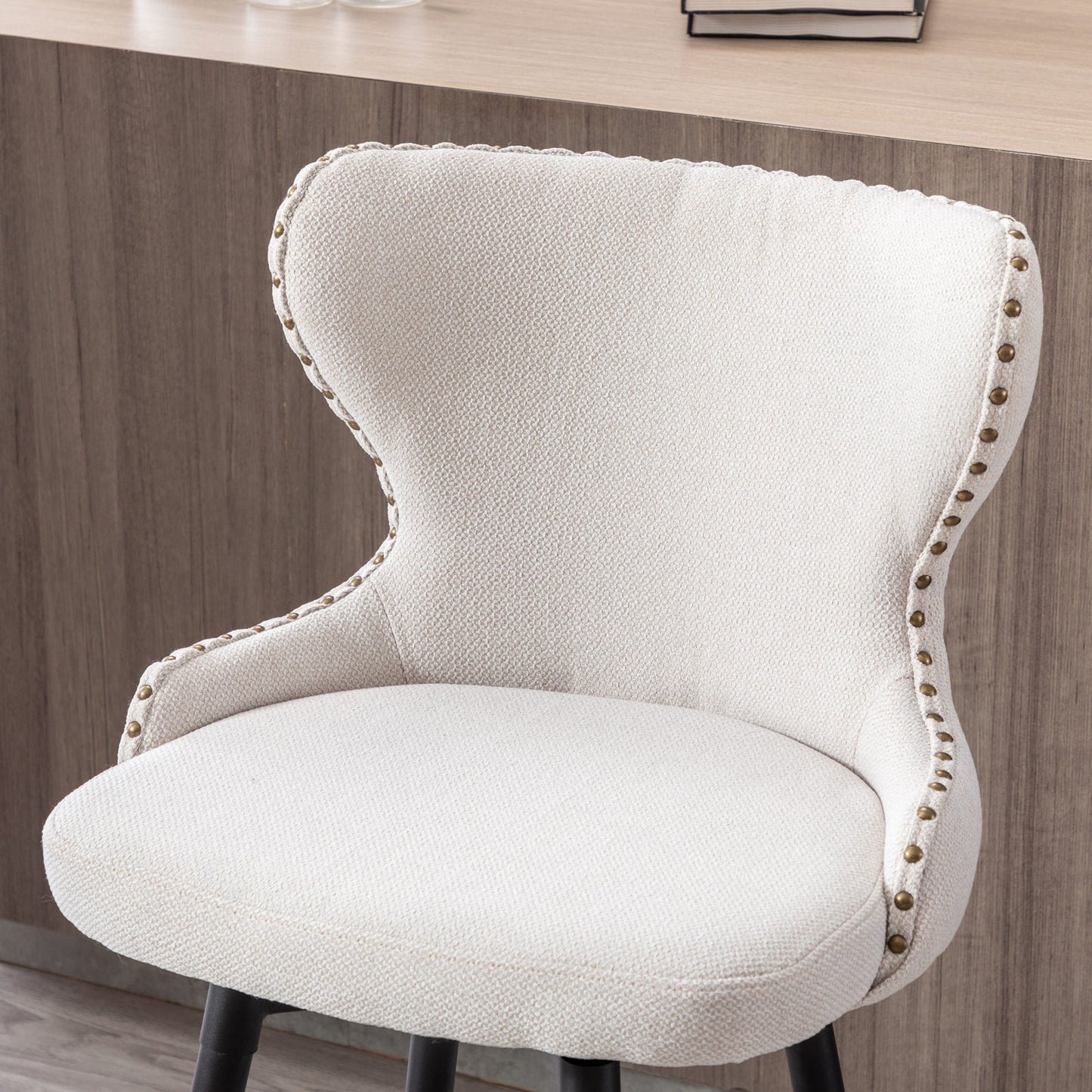 2pcs Gold Accent Bar Stools Tufted Fabric Upholstery with Nailhead and Black Legs- Beige_12