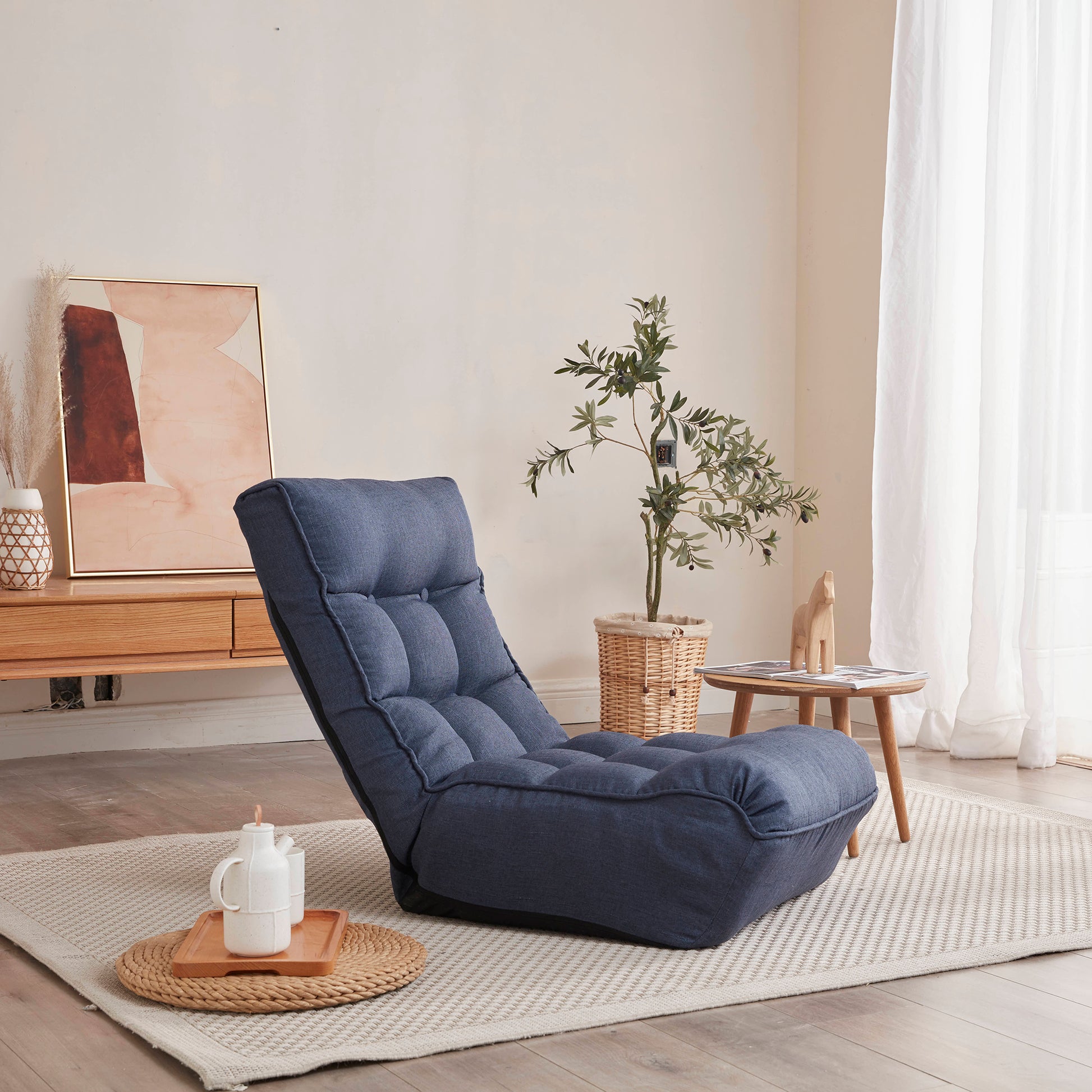 Single Seater Japanese Style Thick Cushioned Lazy Tatami Recliner Sofa- Navy_26