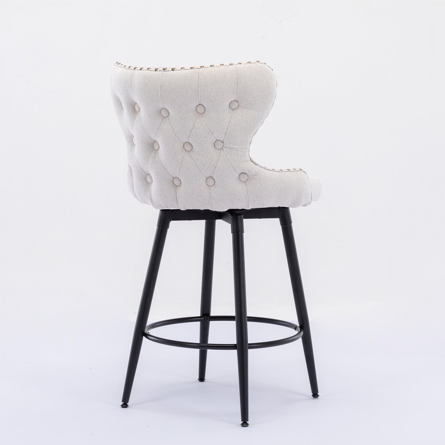 2pcs Gold Accent Bar Stools Tufted Fabric Upholstery with Nailhead and Black Legs- Beige_9