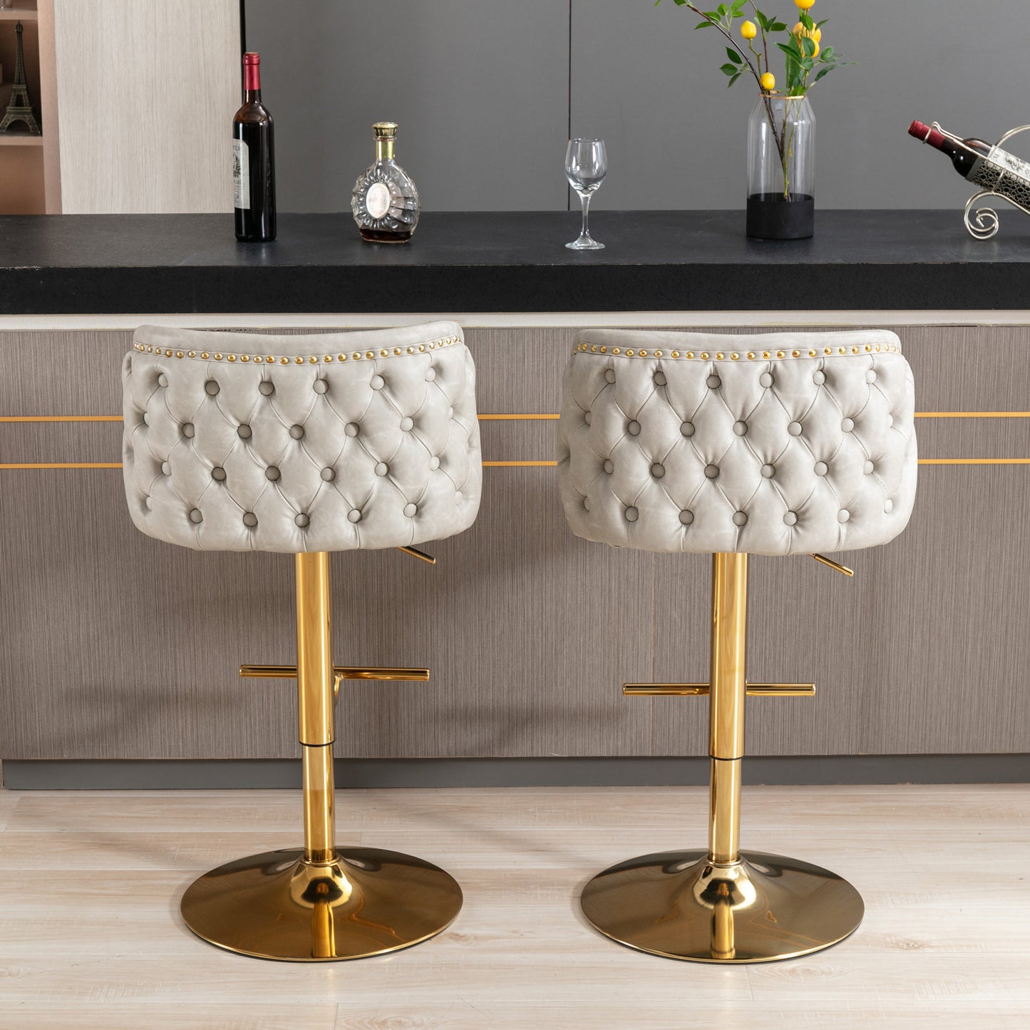 Set of 2 Gold Details Upholstered Whole Back Tufted PU Armless Bar Stools- Beige_17