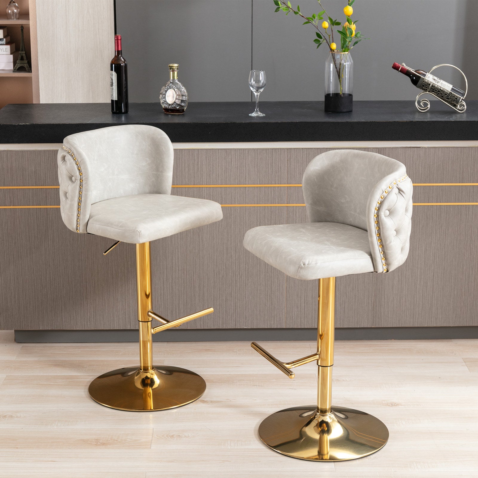 Set of 2 Gold Details Upholstered Whole Back Tufted PU Armless Bar Stools- Beige_14