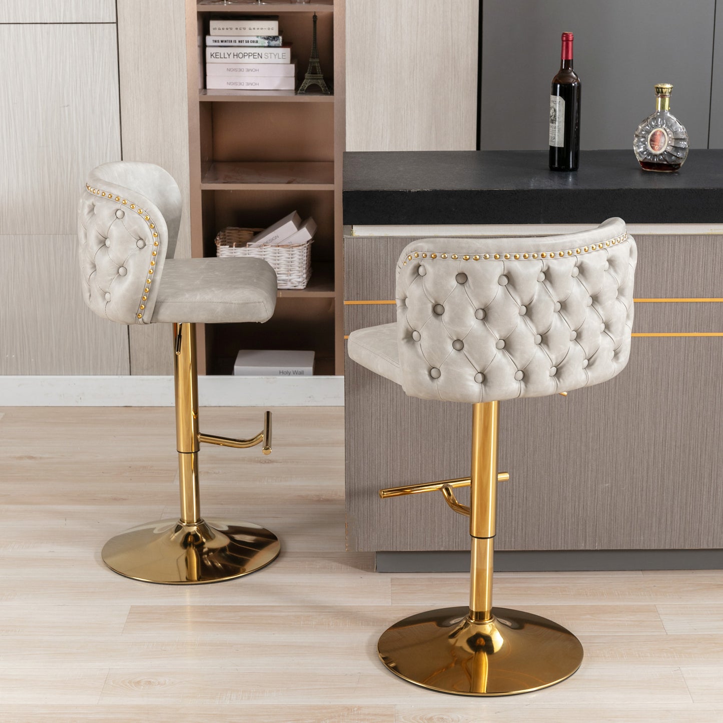 Set of 2 Gold Details Upholstered Whole Back Tufted PU Armless Bar Stools- Beige_15