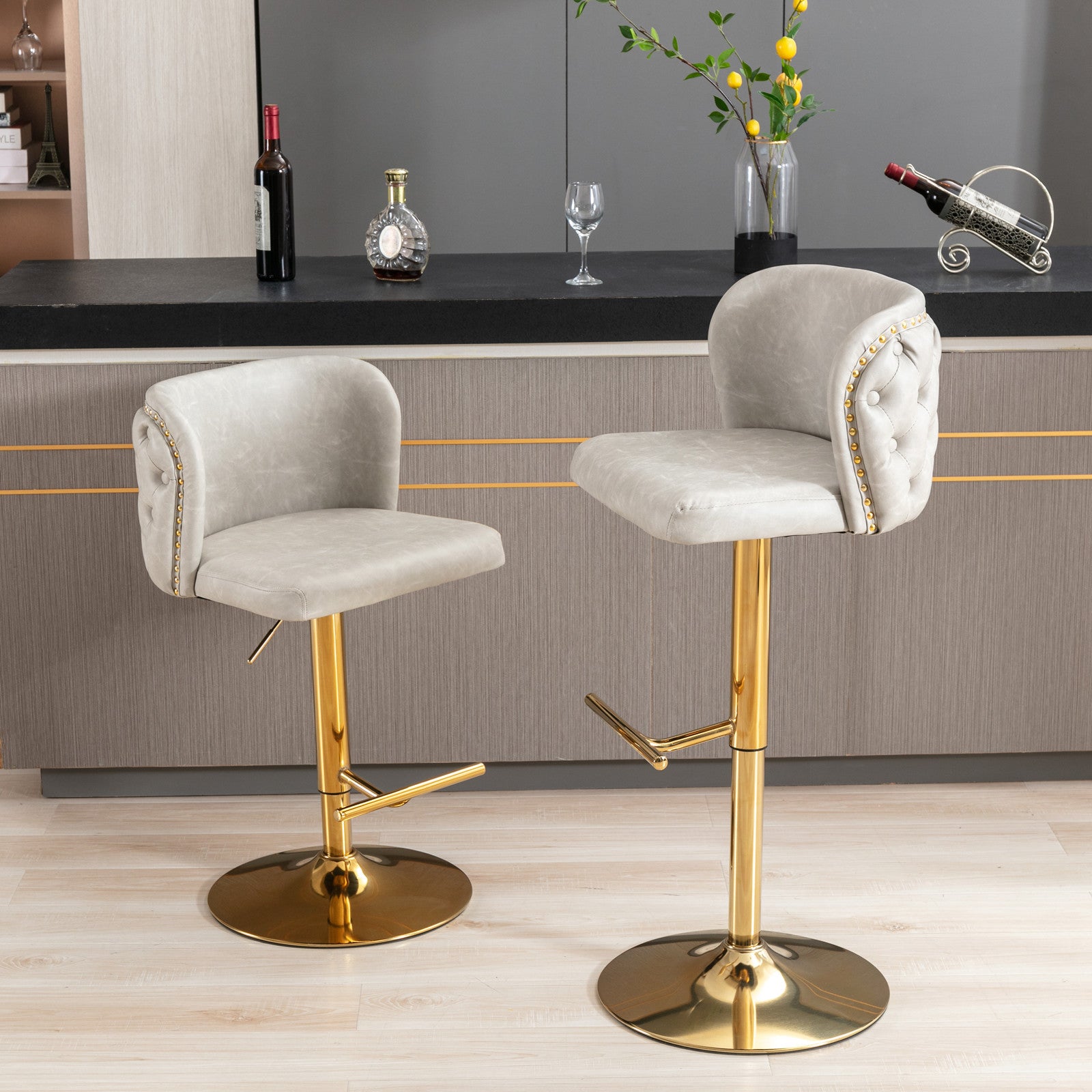 Set of 2 Gold Details Upholstered Whole Back Tufted PU Armless Bar Stools- Beige_16