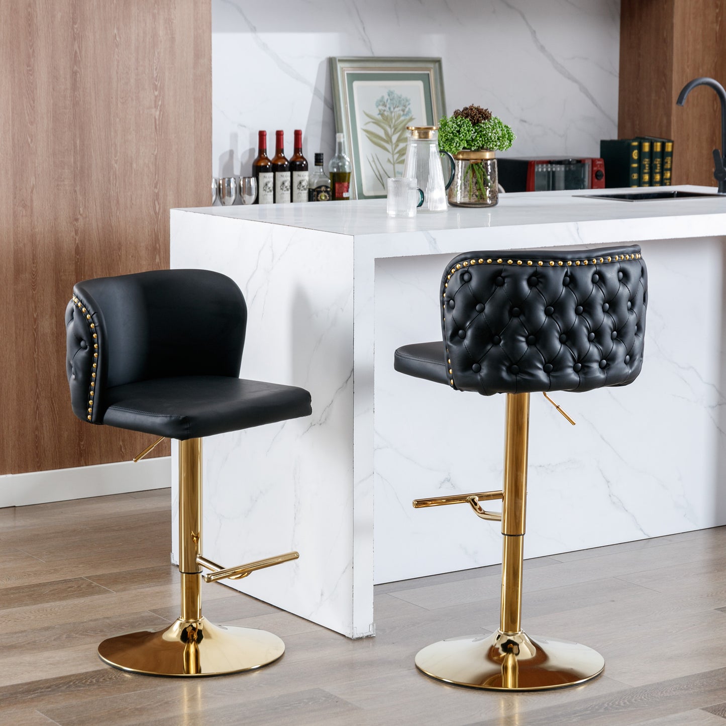 Set of 2 Gold Details Upholstered Whole Back Tufted PU Armless Bar Stools- Black_21