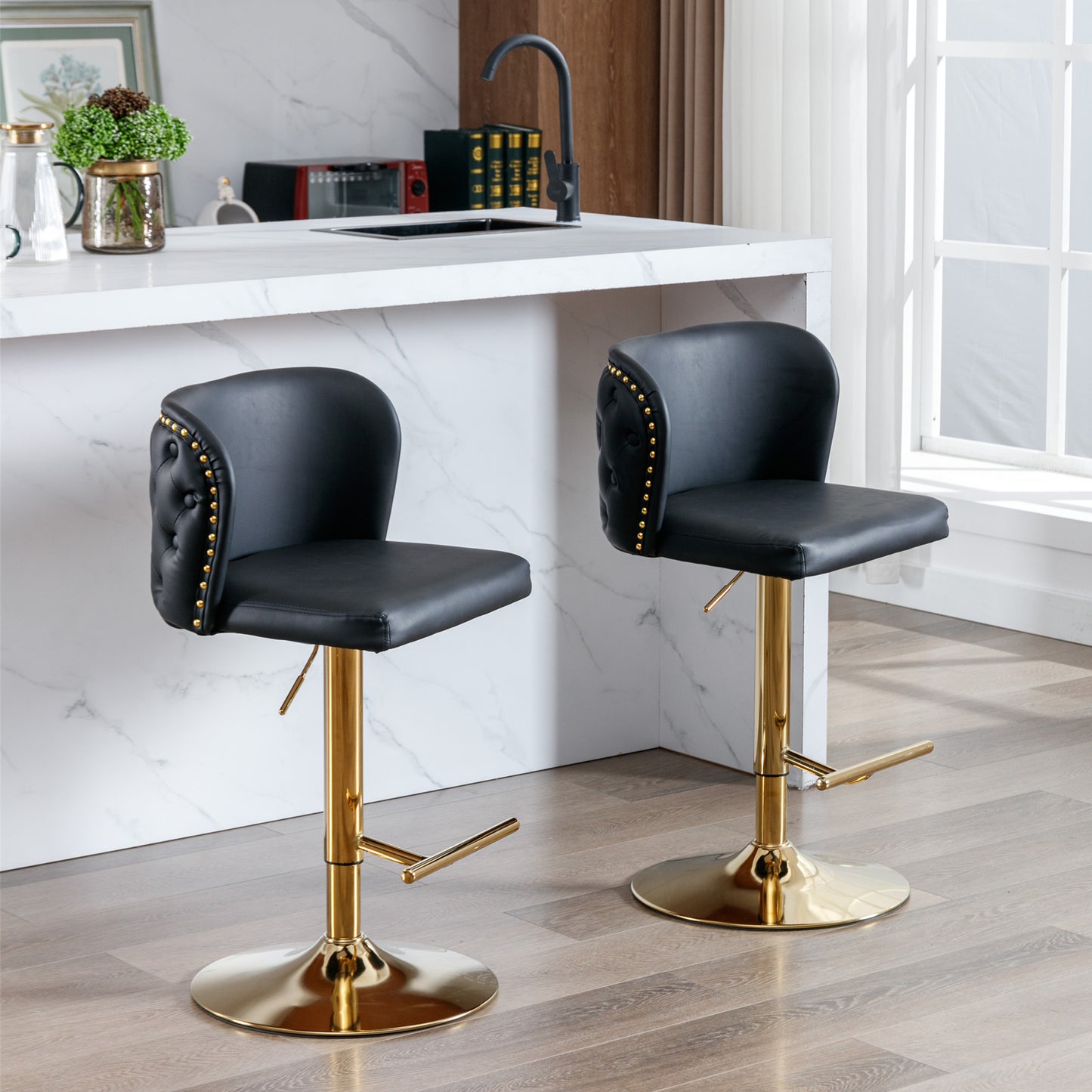 Set of 2 Gold Details Upholstered Whole Back Tufted PU Armless Bar Stools- Black_17