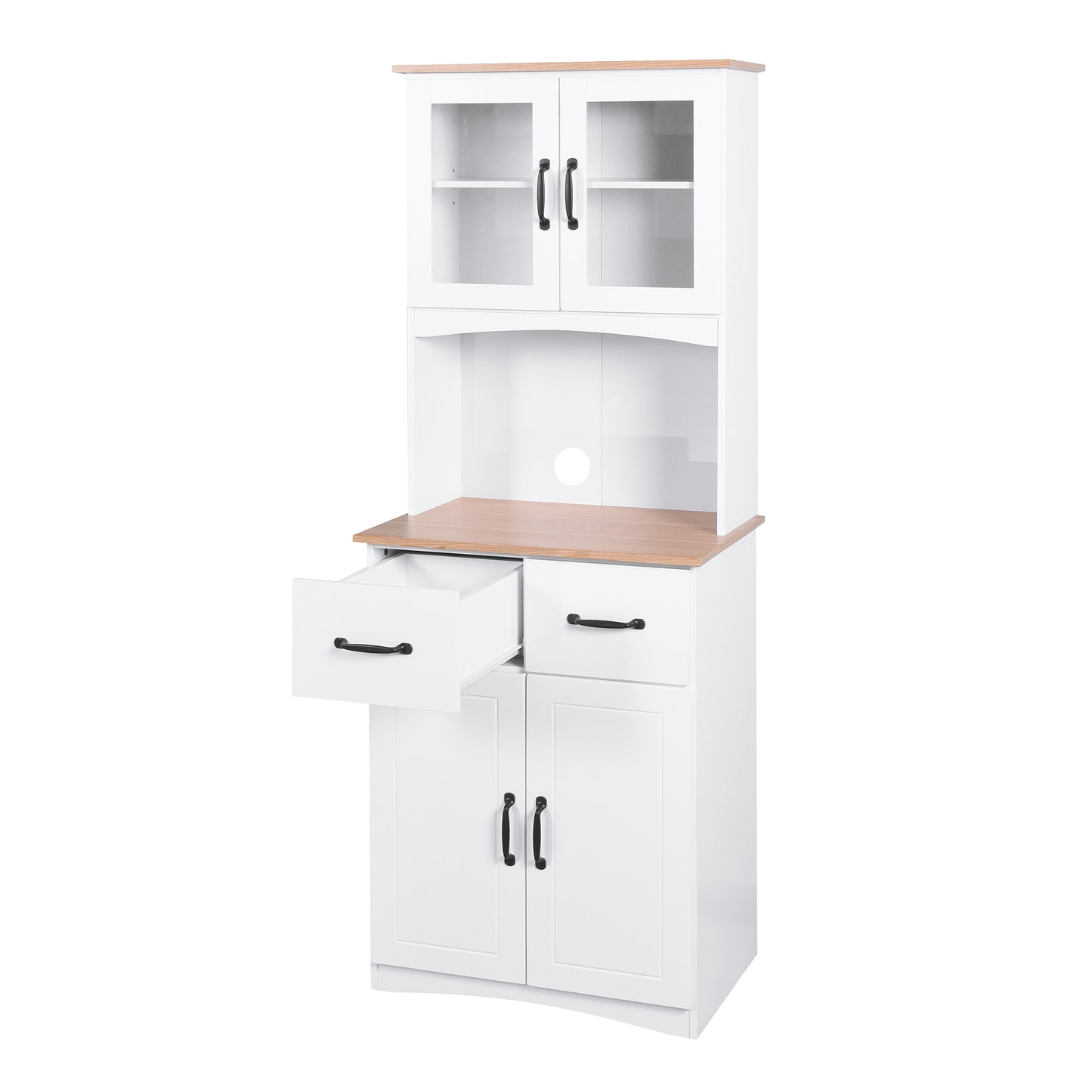 Wooden Pantry Room Microwave Storage with Framed Glass Doors and Drawer- White_15