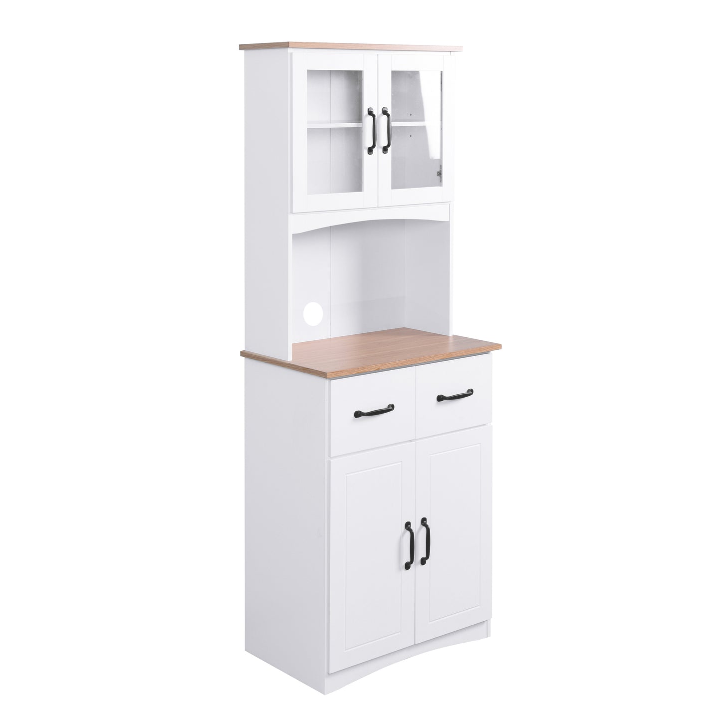 Wooden Pantry Room Microwave Storage with Framed Glass Doors and Drawer- White_14