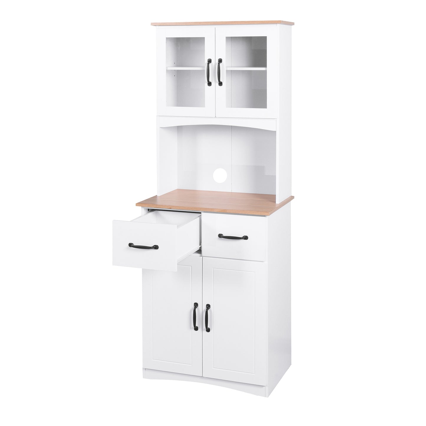 Wooden Pantry Room Microwave Storage with Framed Glass Doors and Drawer- White_13