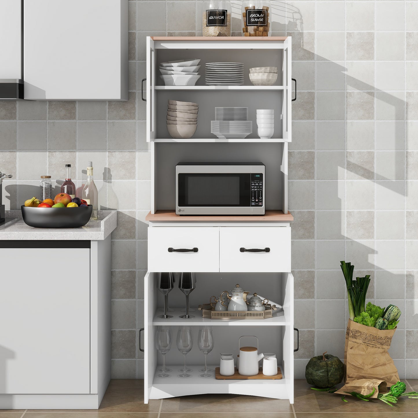 Wooden Pantry Room Microwave Storage with Framed Glass Doors and Drawer- White_2
