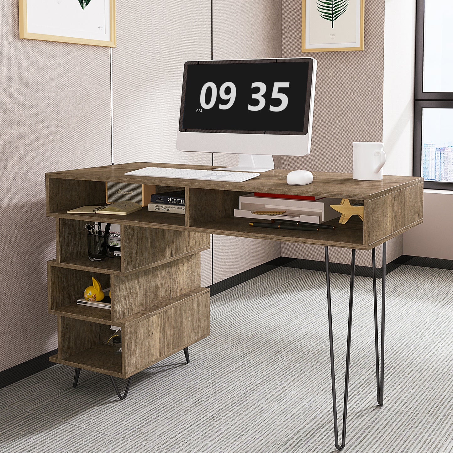 Geometry Office Computer Desk with 2 Drawers & V-Shaped Iron Legs- Brown_2