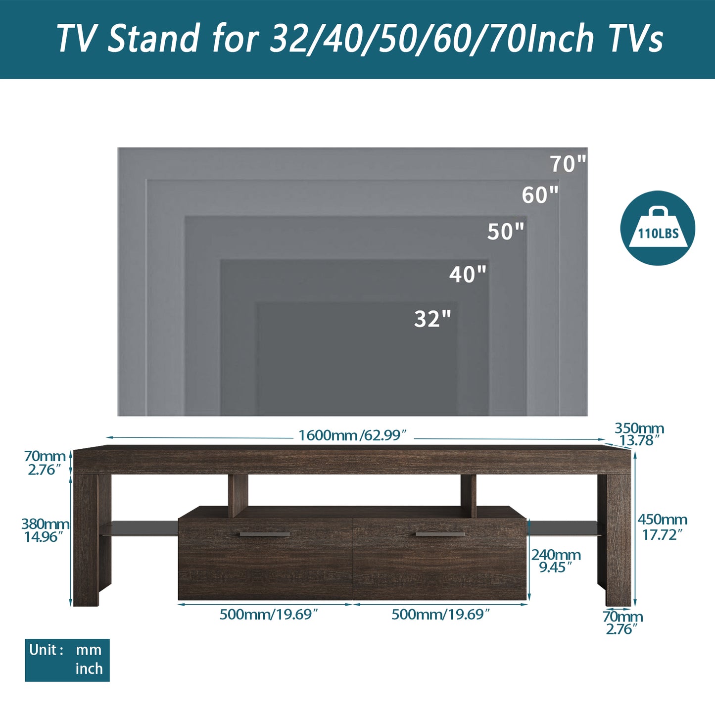 Quick Assembly Modern Television Stand with 16 Colors Remote Controlled LED Light- Brown_4