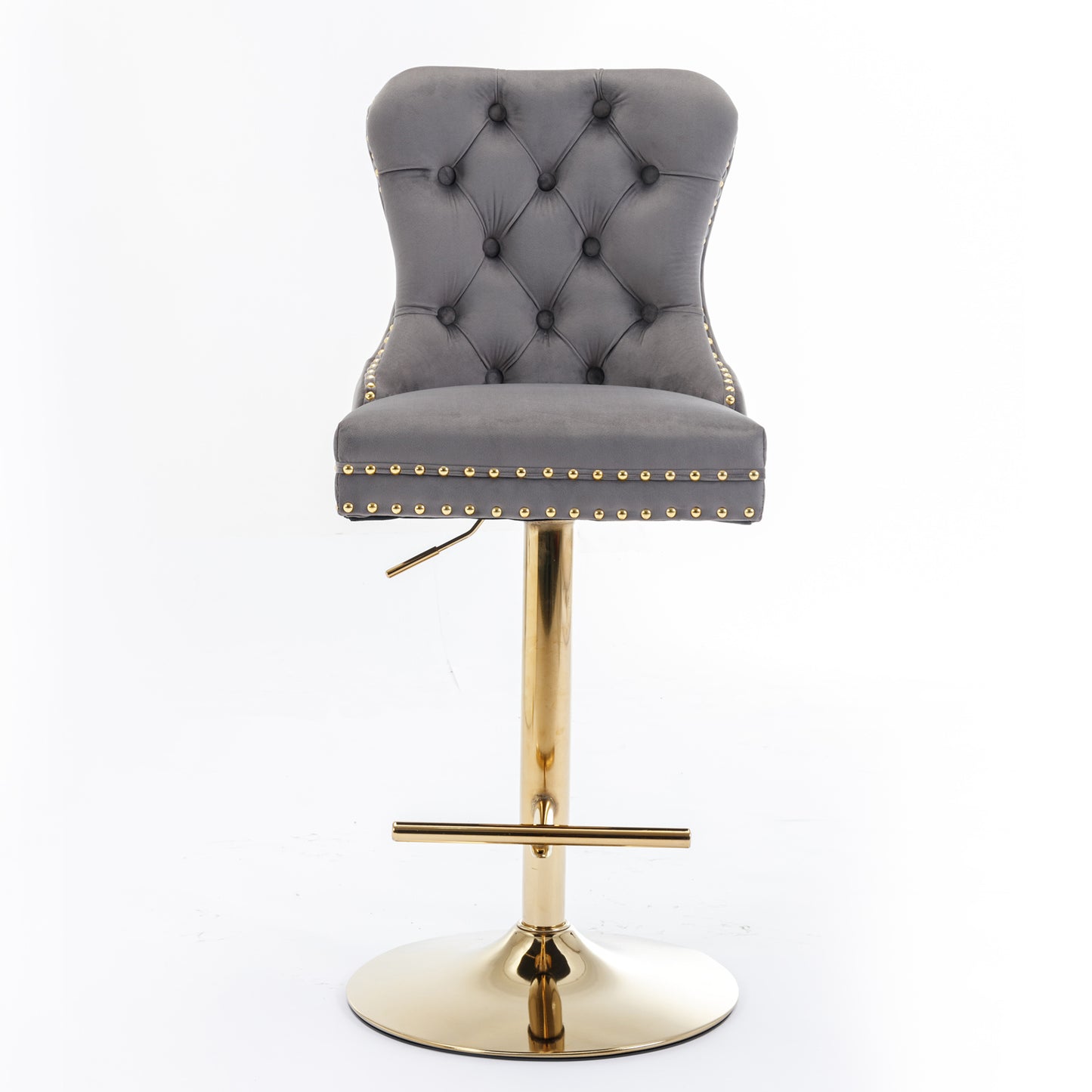 Set of 2 Height Adjustable Upholstered Tufted Velvet Armless Bar Stools with Gold Details- Gray_2