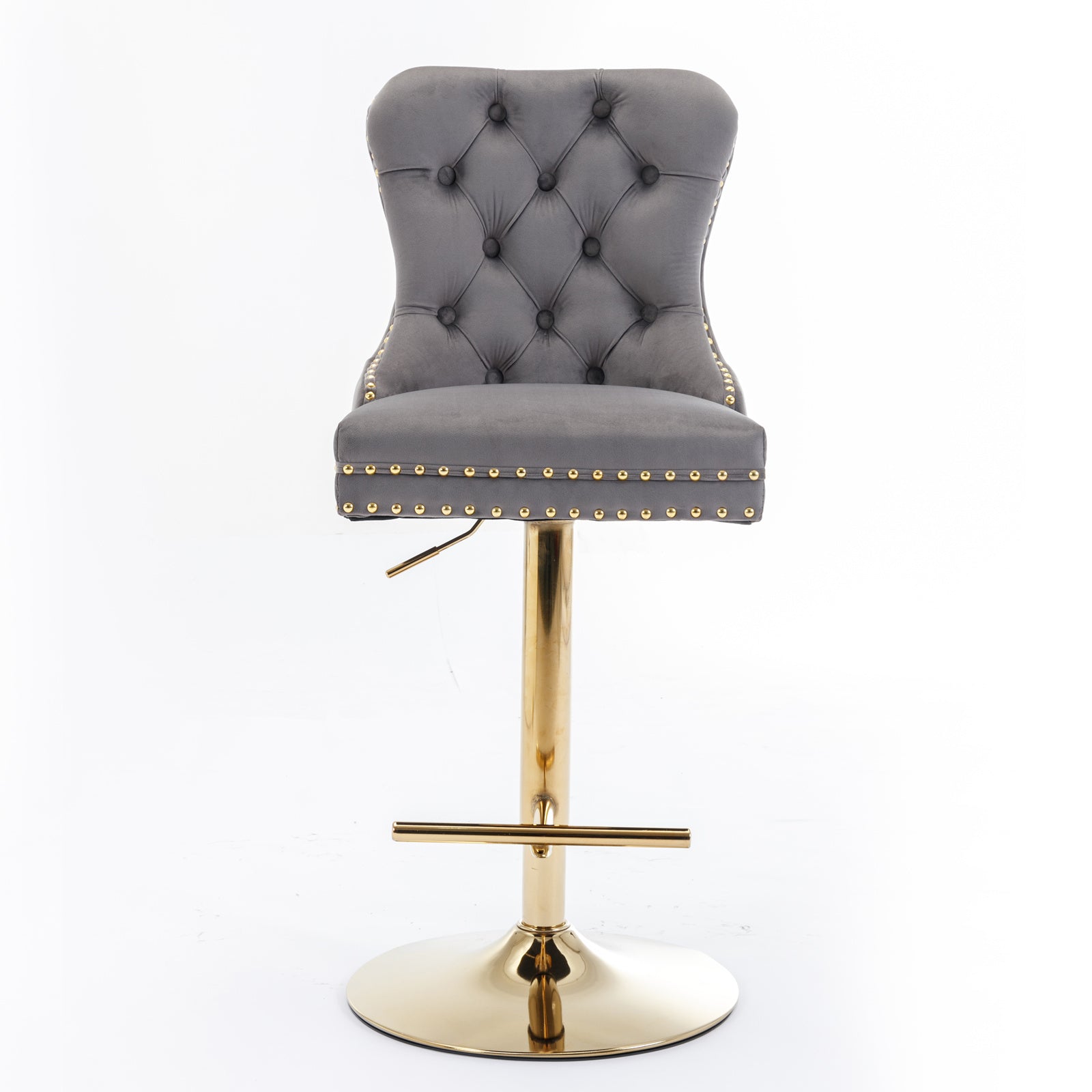 Set of 2 Height Adjustable Upholstered Tufted Velvet Armless Bar Stools with Gold Details- Gray_2